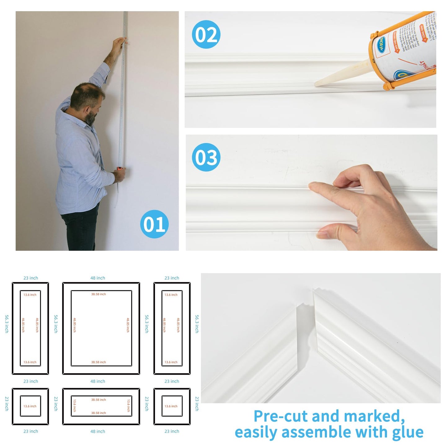 Art3d Premade Bilinear Frame Accent Molding Set, Pre-Cut Decorative Wainscoting Panel for Home Décor, Ready-to-Assemble Glue-On Wall Trim for Living Room Bedroom Corridor, 6 Separate Bilinear Frame