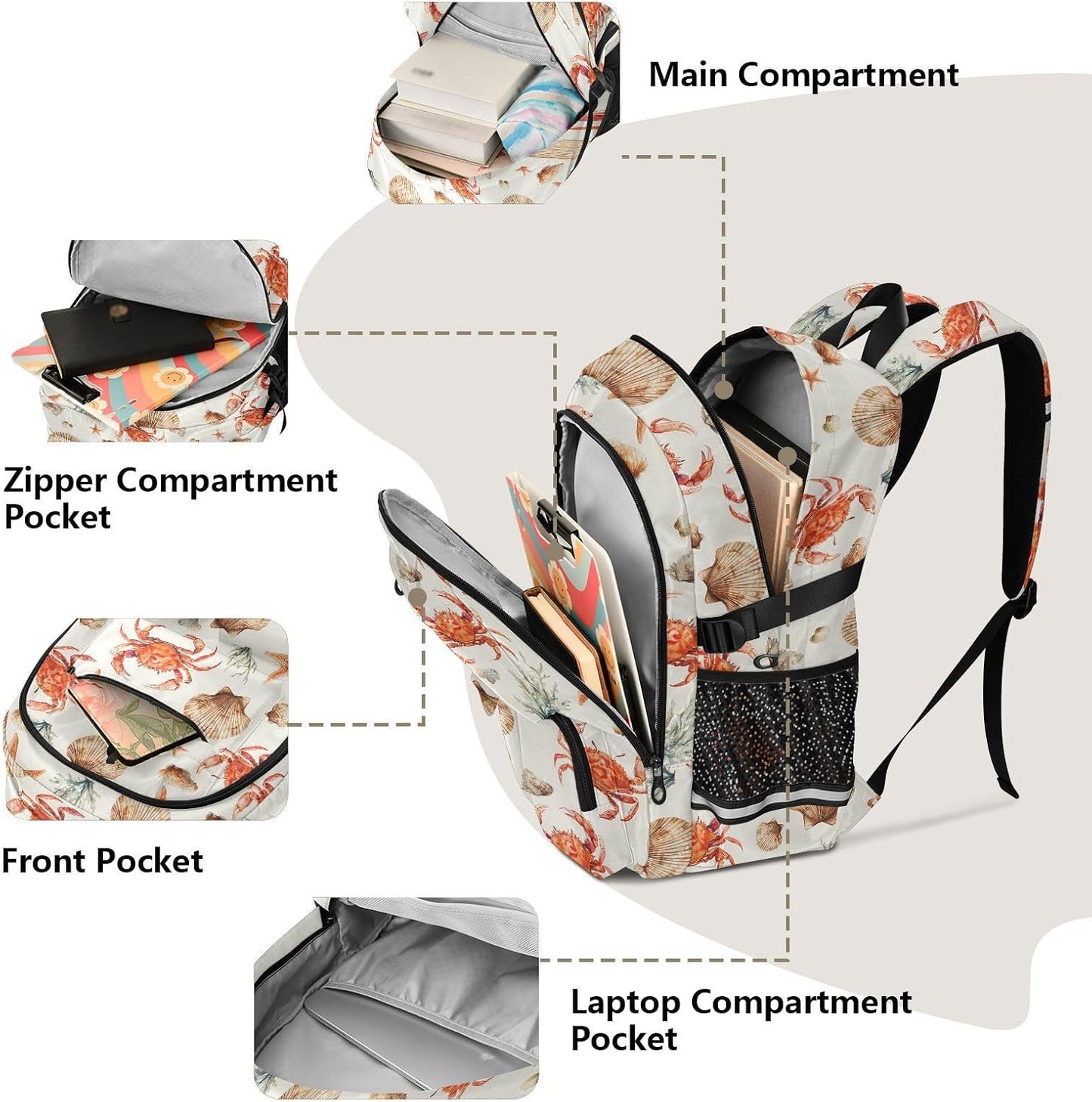 Backpack Backpack Daypack ALAZA School for Teen Girls Boys Coastal Ocean Crab Shell Kids Purse College Laptop Bookbag