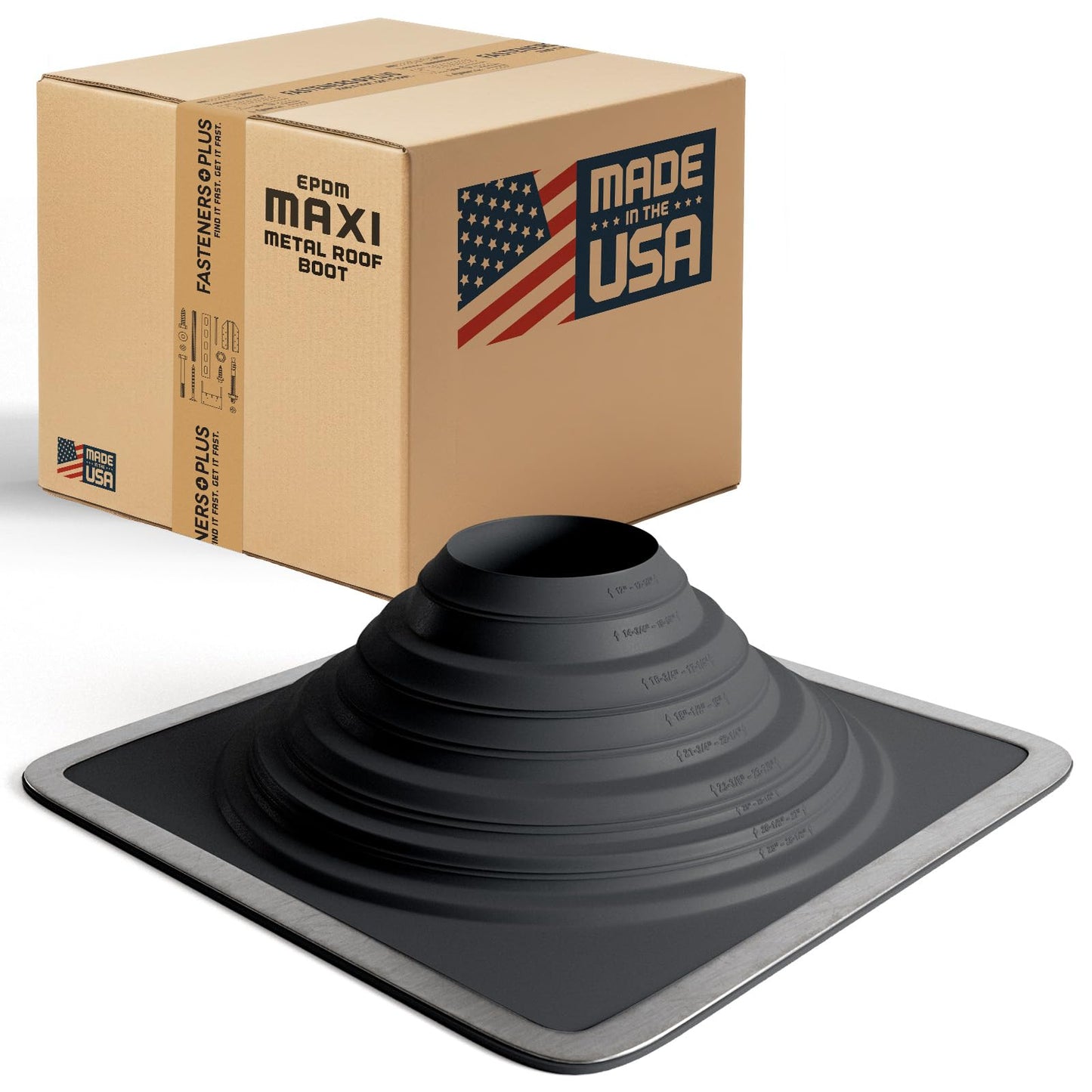 Fasteners Plus Maxi Square EPDM Metal Roof Pipe Flashing Boot (Made in USA), Fits 12” - 28-1/2” Pipe OD, Black Metal Roof Boot for Extra Large Pipes