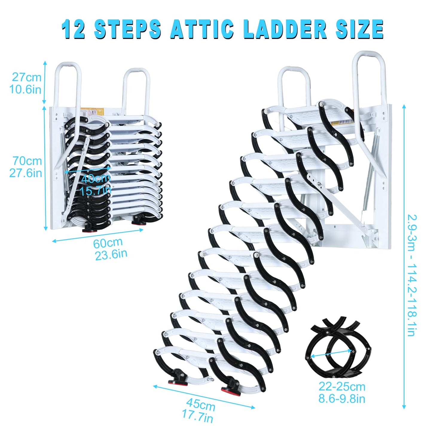 12 Steps Wall-Mounted Attic Ladder, Attic Pull Down System, Retractable Ladders for Loft, Metal Folding Attic Ladder Telescoping Steps, Pull Down Stairs for Attics Garages Roofs (Black-White, 12 Step)