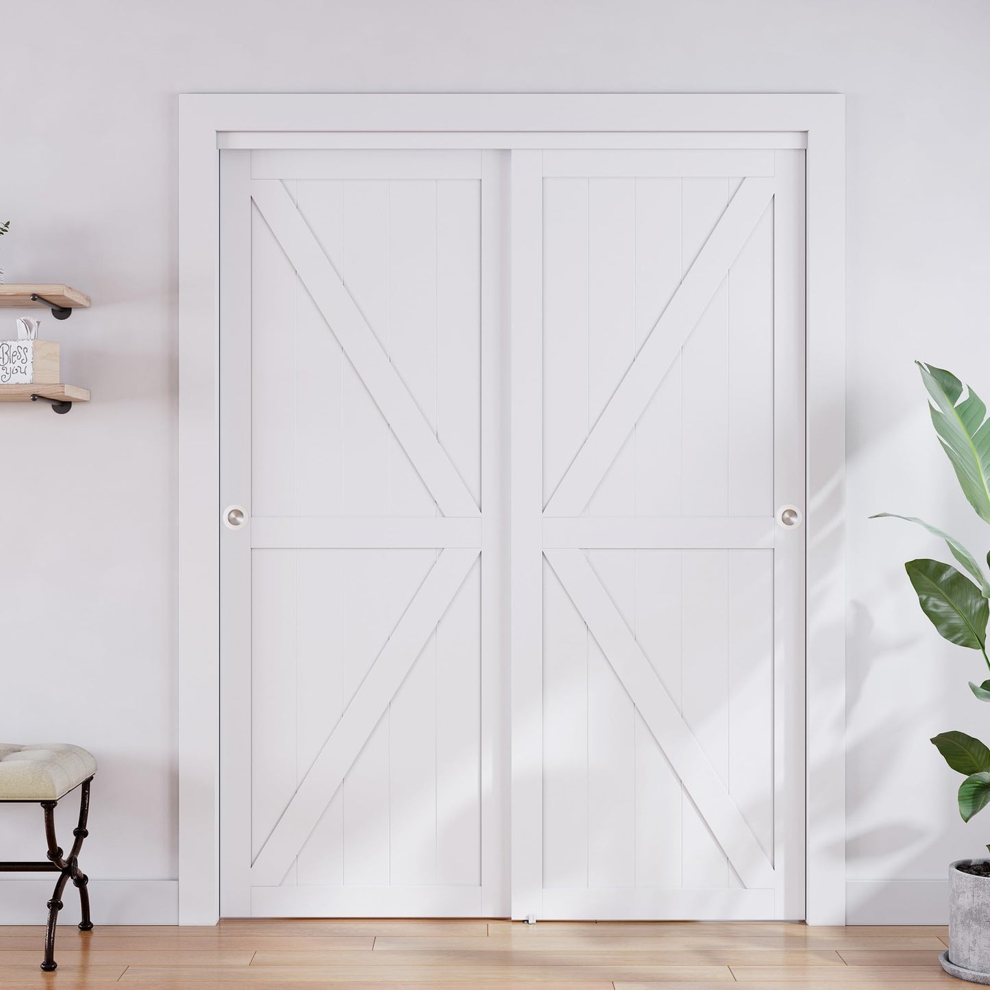 SMARTSTANDARD Closet Sliding Door, 48"×80"(Double Barn Doors 25"), Double K Shape Sliding Door with Hardware Kit, Pre-Drilled Door Panel, Need to Assemble, MDF with PVC Surface, White