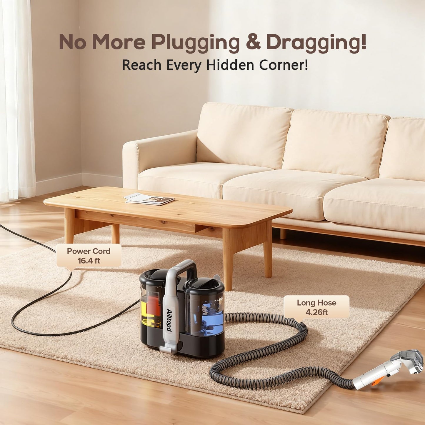Portable Carpet & Upholstery Cleaner Machine, 15Kpa Strong Suction & Handheld Spot Cleaner Machine for Couch, Sofa, Car, Pet Stains, Furniture Cleaner with Cleaner Solution and Self-Cleaning System