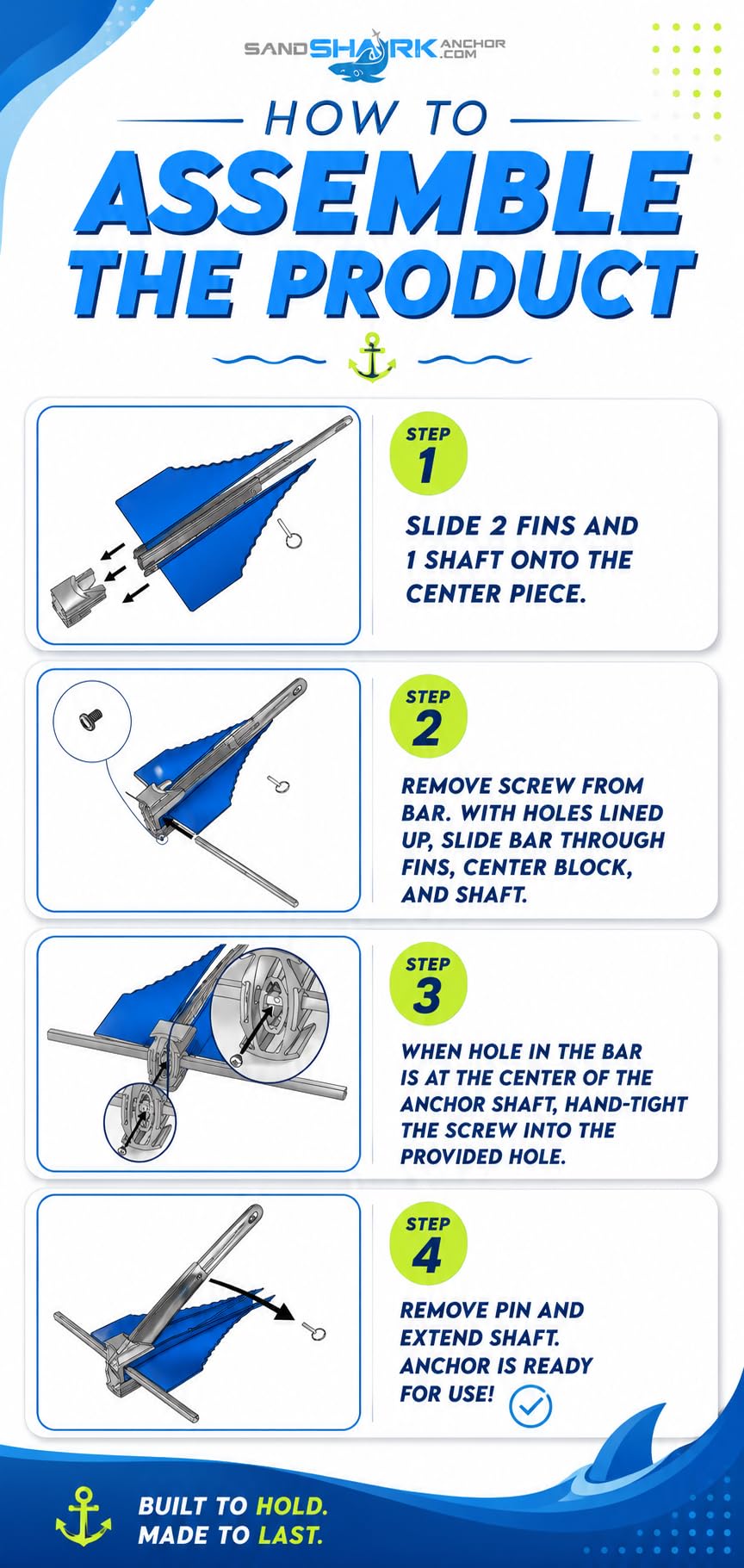 SandShark Premium Fluke Anchor-Retractable Shaft Easy Storage-Aluminum Pontoon Boat Anchor, Jet Ski Anchor. Boats<30 ft. Sand Anchor for Boat, Boat Anchor Kit, Lightweight. (Jet Ski Anchor)