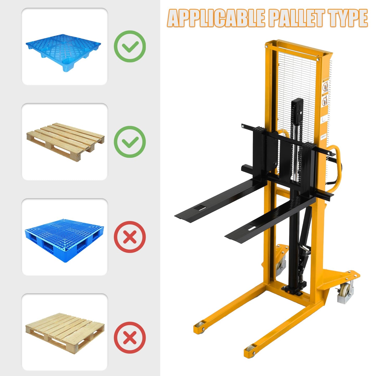 APOLLOLIFT Manual Stacker Hand Pallet Forklift 1100lbs Capacity 63" Lifting Height with Fixed Legs and Adjustable Forks Suitable for Open Bottom Pallet