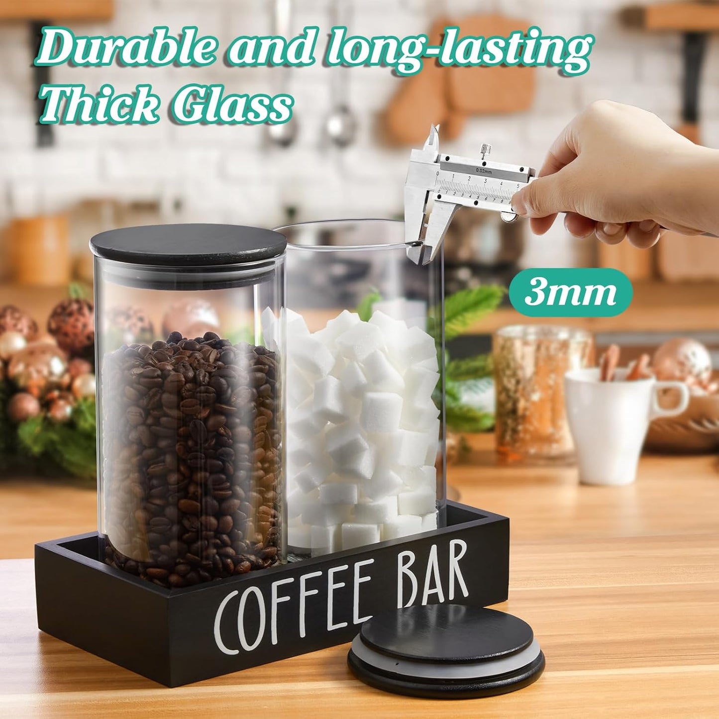 Skiennix Glass Coffee Canister Set - 2Pcs 45oz Airtight Containers with Bamboo Lids & Black Tray | Stylish Coffee Storage Jars for Home Decor