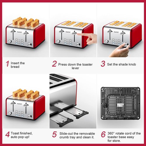 Geek Chef 4 Slice toaster, Best Rated Prime Retro Bagel Toaster with 6 Bread Shade Settings, 4 Extra Wide Slots, Defrost/Bagel/Cancel Function, Removable Crumb Tray, Stainless Steel Toaster, 1500W (Red-Classic)