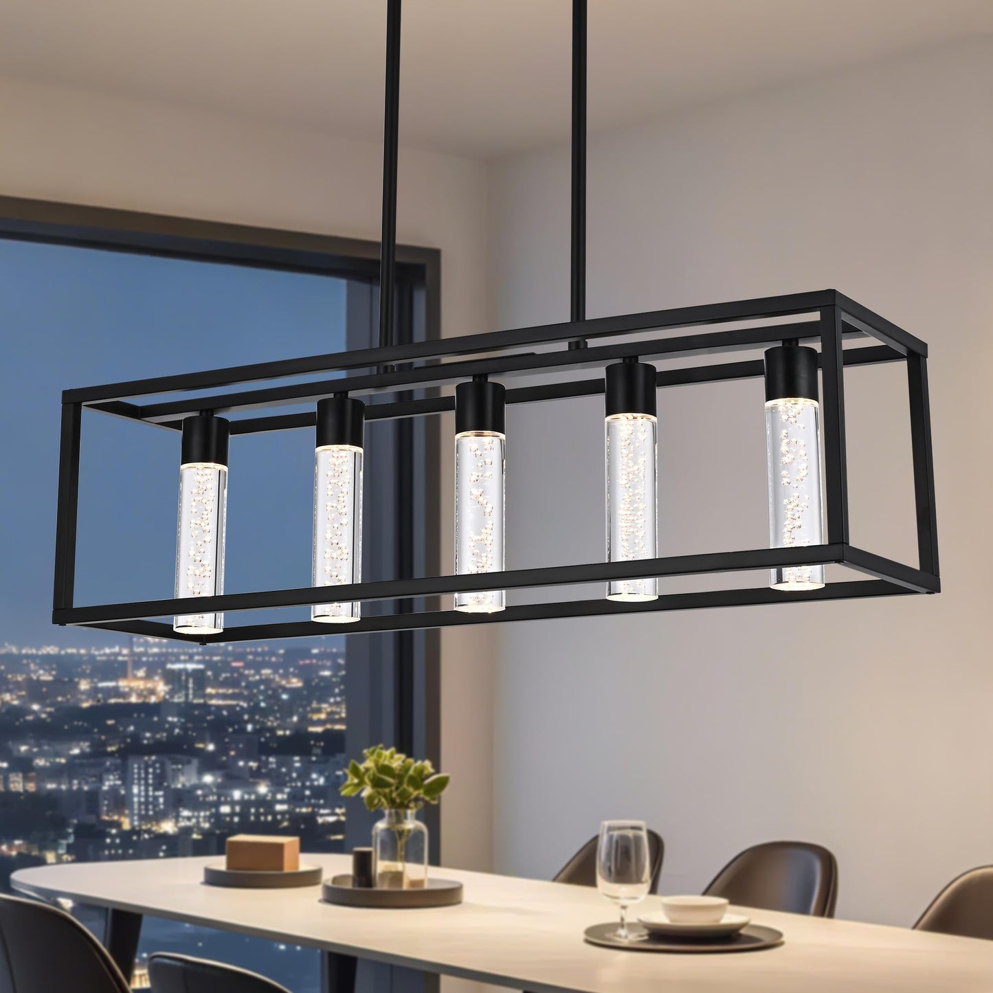 VINLUZ LED Farmhouse Kitchen Island Lighting,5 Light Industrial Linear Chandelier for Dining Room Metal Black Finish Hanging Pendant Light Fixture for Bedroom Living Room Hallway