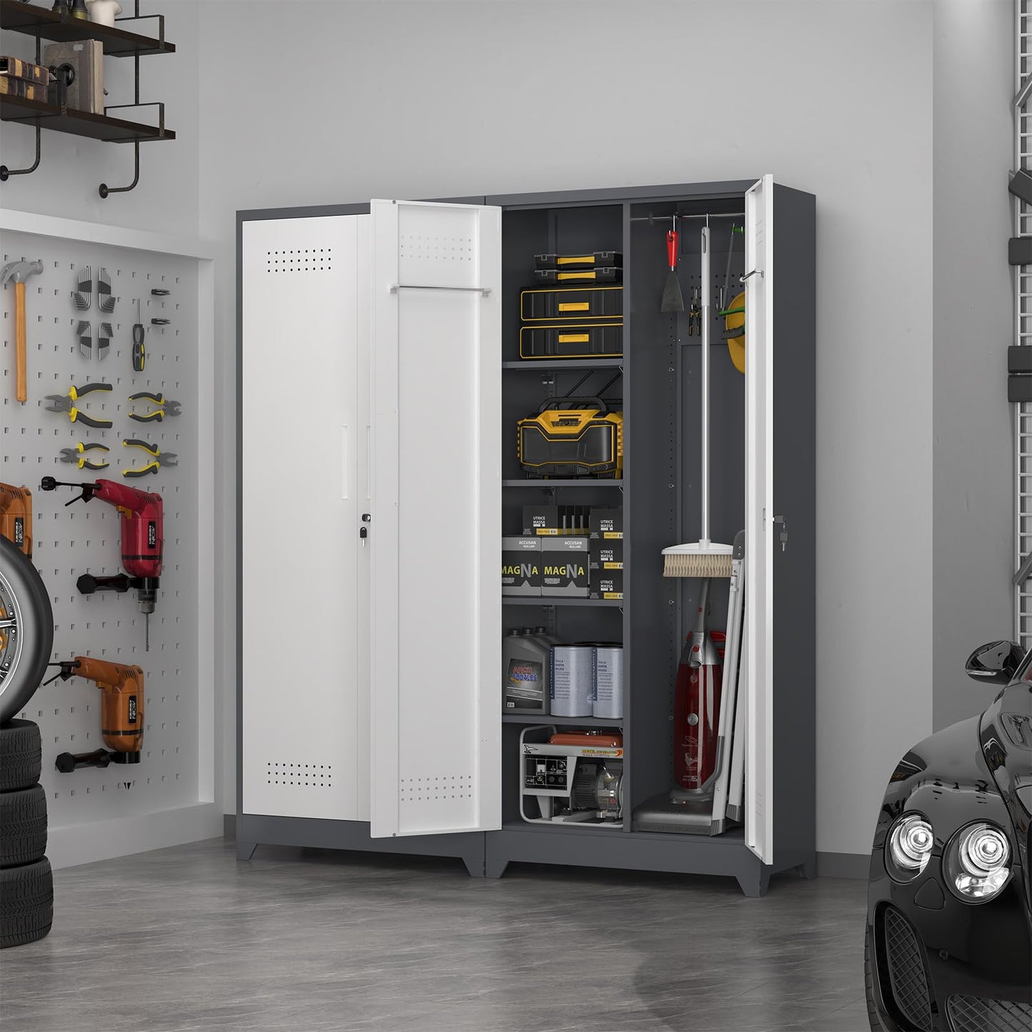 FATIGOS 72.8" H Metal Garage Storage Cabinets with Doors and Shelves, Broom Closet Storage Cabinet, Tool Cabinets with Hanging Rod, Cleaning Storage Cabinets for Garage,Bedroom Office Grey&White