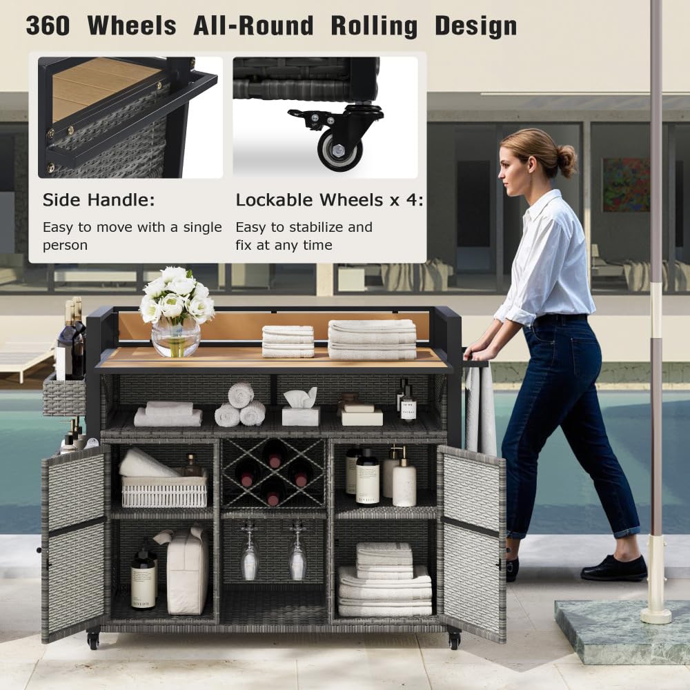 Dfchlda 52.8" Wicker Outdoor Grill Cart with Extended Plastic Wood Table Top, Rolling Kitchen Island with Storage Cabinet, Double Handle Design for Patio, Backyard, Garden, Poolside(Grey)