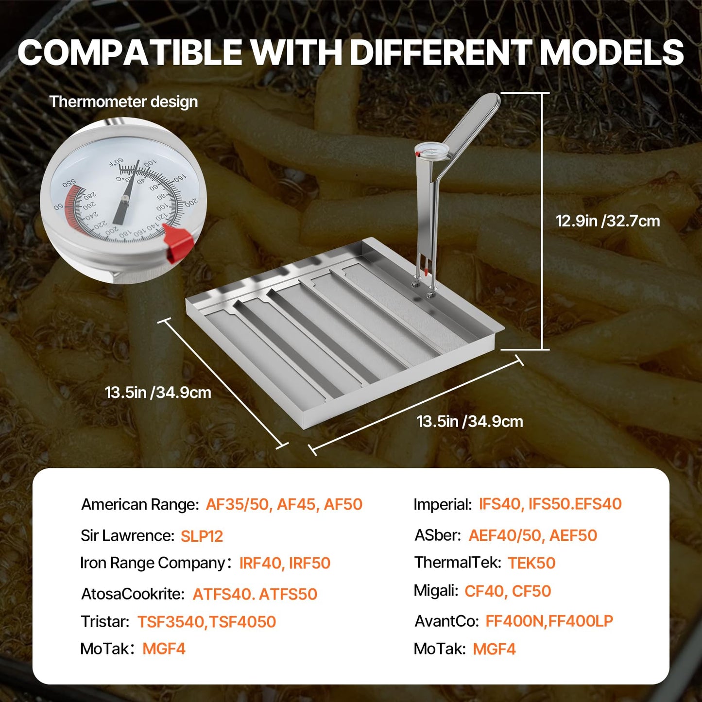 KodMtiz Commercial TK45 Deep Fryer Filter, 13.5" x 13.5" 304 Stainless Steel Filter Screen with Thermometer, Extend Oil Life by 40%, 550 Micron Skimmer Fryer Strainer for Kitchens & Restaurants