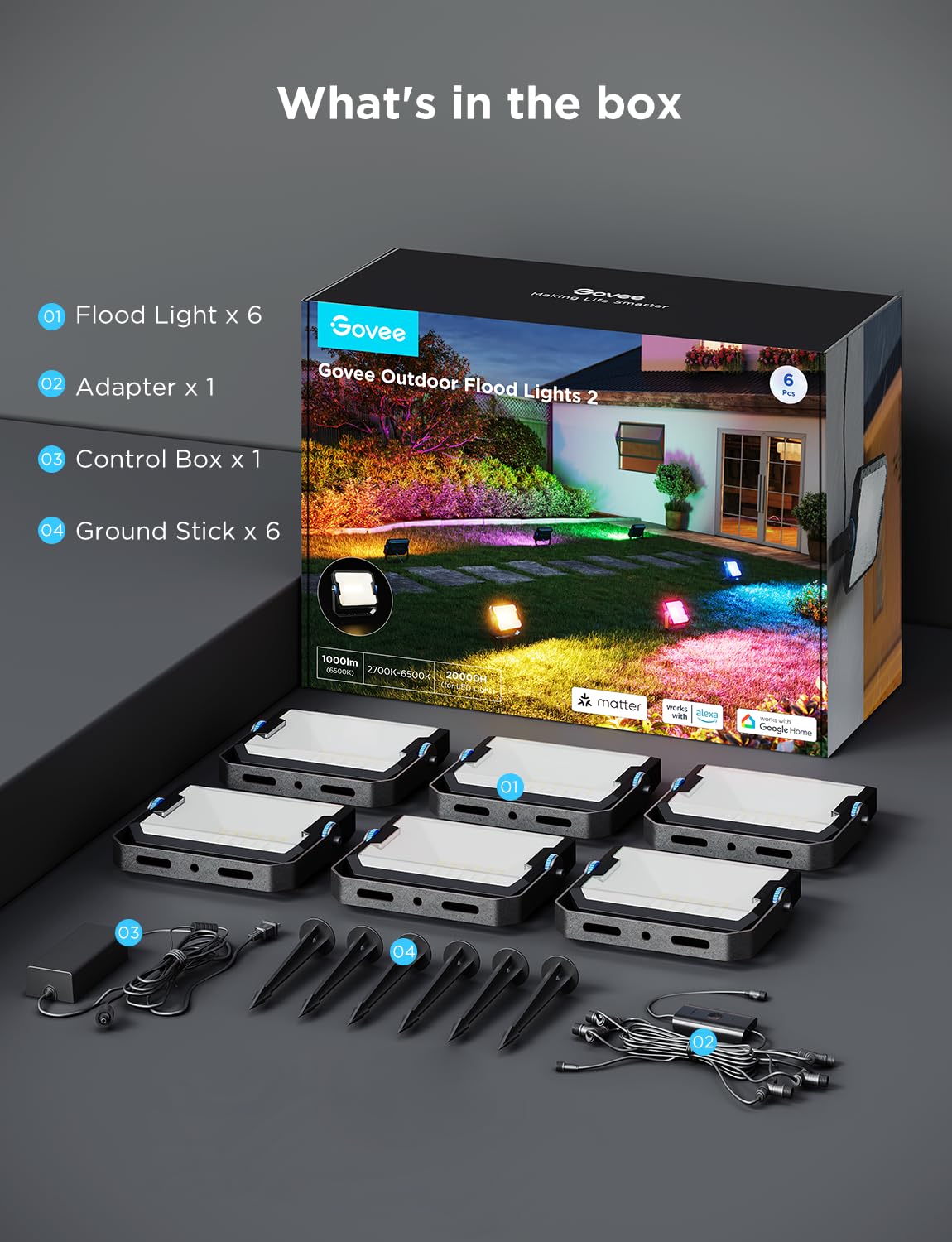 Govee Outdoor Flood Lights 2, RGBIC Warm Cold White LED Lights for Outdoor Decorations, 50 Scene Modes, Landscape Lighting, Upgraded IP66 with App Control, Wired 6 Pack