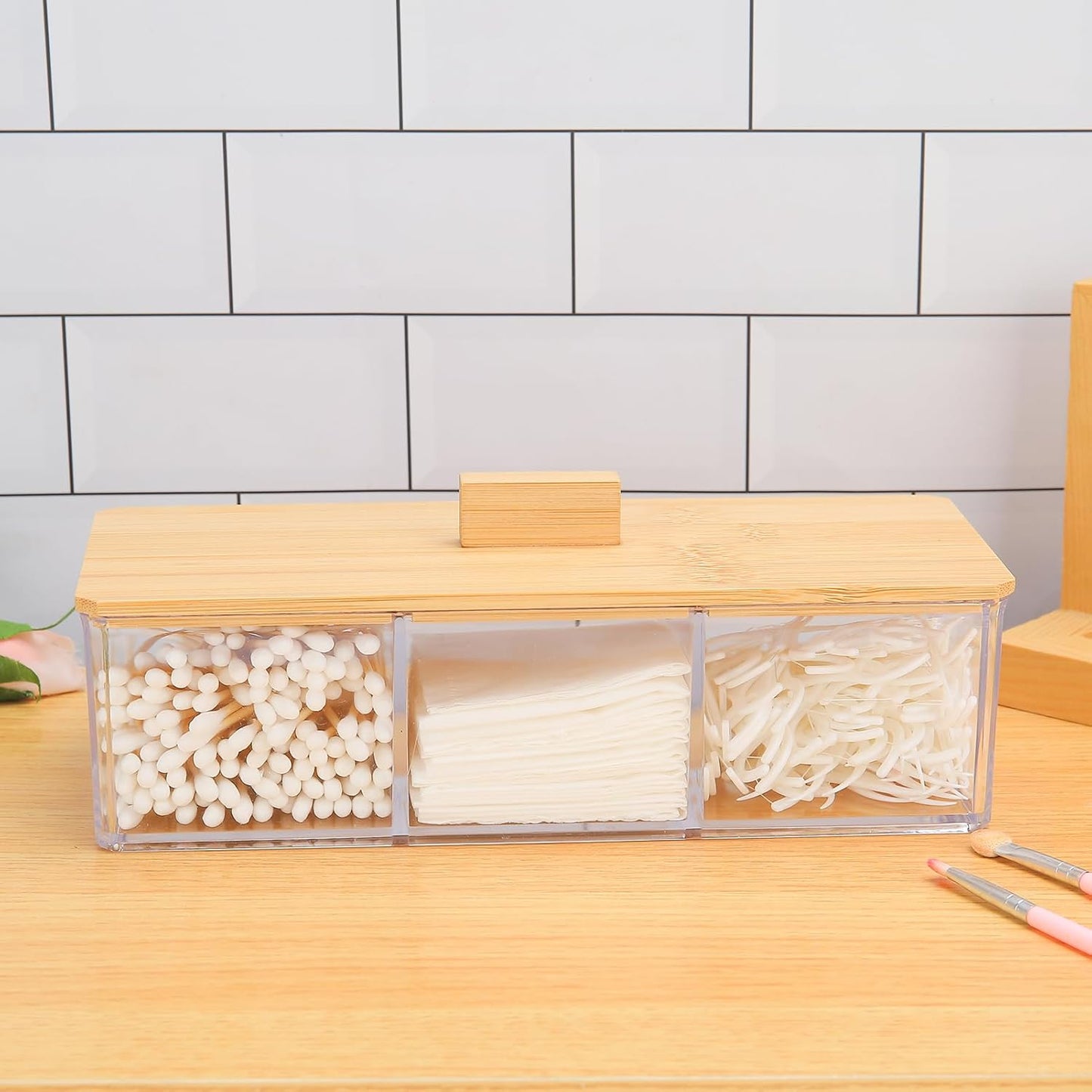 Wood Qtip Holder - 3 Compartment Cotton Ball & Swab Organizer with Lid | Clear Acrylic Makeup Storage