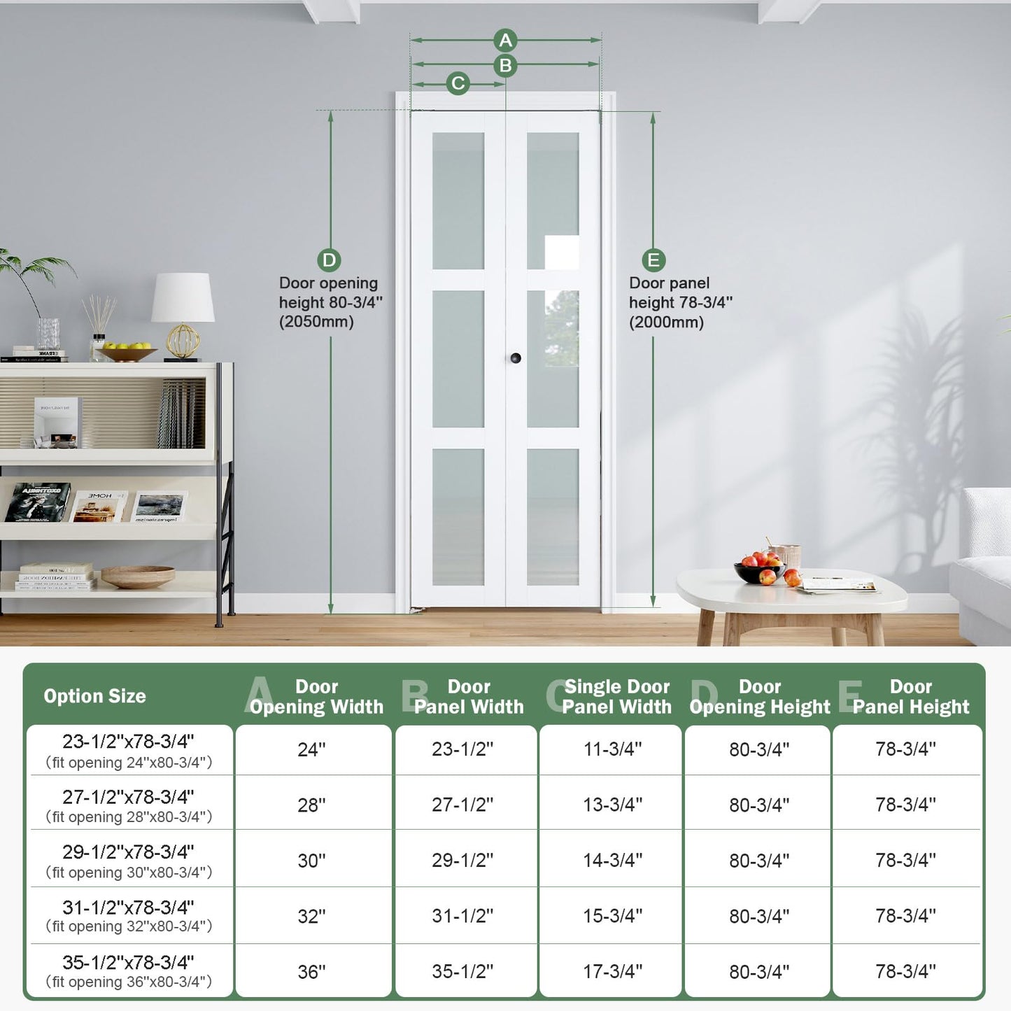 Roymelo Bifold Doors for 32"×80-3/4" Opening, Preassembled White Frosted Glass Folding Barn Door, Sliding Interior Wood Panel Closet Bifolding Door with Concealed Hardware Kit Included