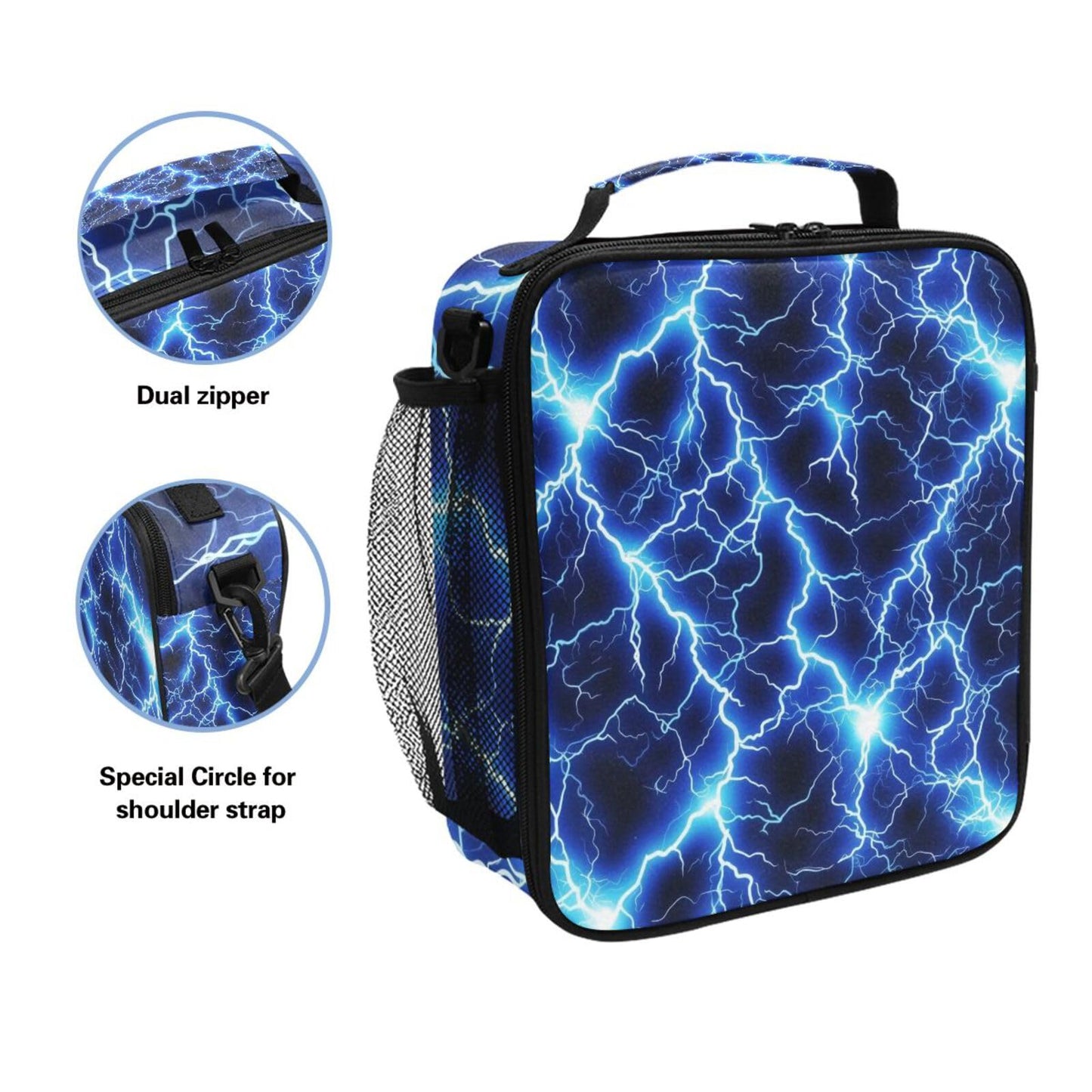 WEVIBOFU Blue Lightning Lunch Box for Girls Boys Insulated Lunch Bag with Adjustable Shoulder Strap Kids Thermal Tote Bags Cooler School Travel Picnic