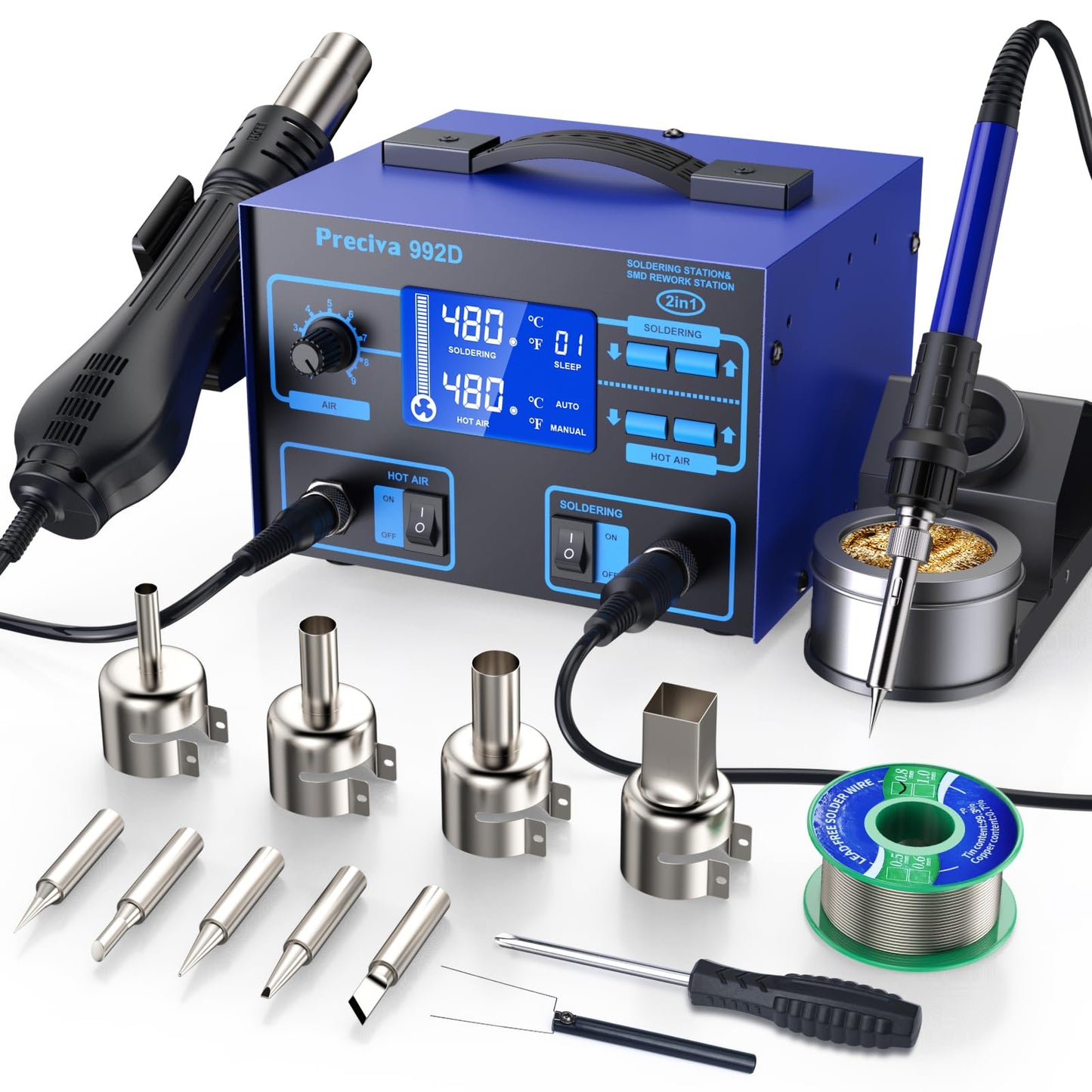 Preciva 992D 2-in-1 Soldering & Hot Air Rework Station with LCD Display – PID Temperature Control, Auto/Manual Hot Air Mode, Sleep Function for Iron, SMD Rework, Electronics Repair (750W)