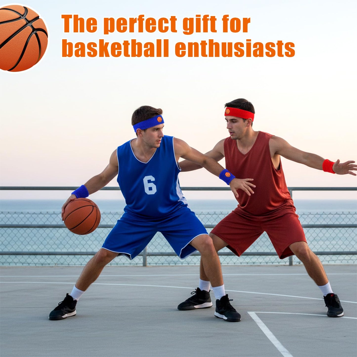 6 Pcs Basketball Headband, Sports Fan Sports Headband Wristband Set Including 4 Wristband and 2 Headbands Moisture Wicking Athletic Terry Cloth Sweat Absorbing Head Band for Workout