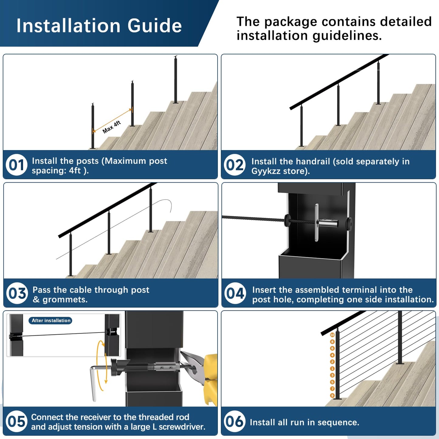 Gyykzz 4-12FT Swageless Black Stair Cable Railing Kit 36Inch 2 Stair Post Kit Fit 28-38 Degree Stairway, Cable Railing System with Patent Terminal for Staircase, Railing Kit Length Adjustable Easy DIY