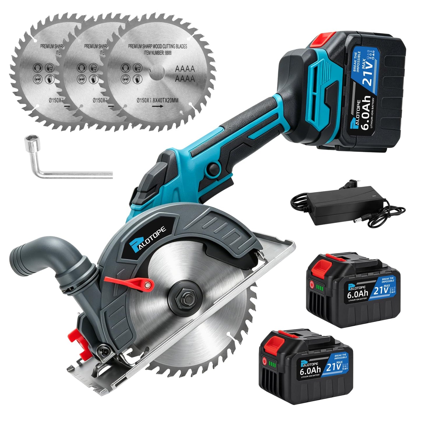 Palotope 6" Cordless Circular Saw,6900 RPM Power Wood Saw with 2 X 6.0Ah Batteries, 6" Alloy Blade, 2.2"(90°)1.5"(45°) Max Cutting Depth,Portable Table Saw for Wood,Home Renovation