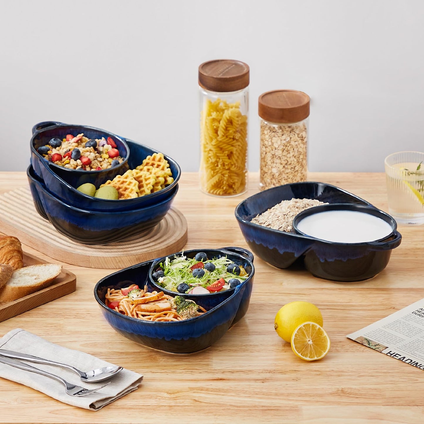 vancasso Starry Chip and Dip Bowl, Anti-Soggy Cereal Bowl, Soup and Sandwich Plate Combo, Breakfast Powls, Divided Snack Bowls Gifts for Wedding Housewarming Party, 2 Pack(Blue)