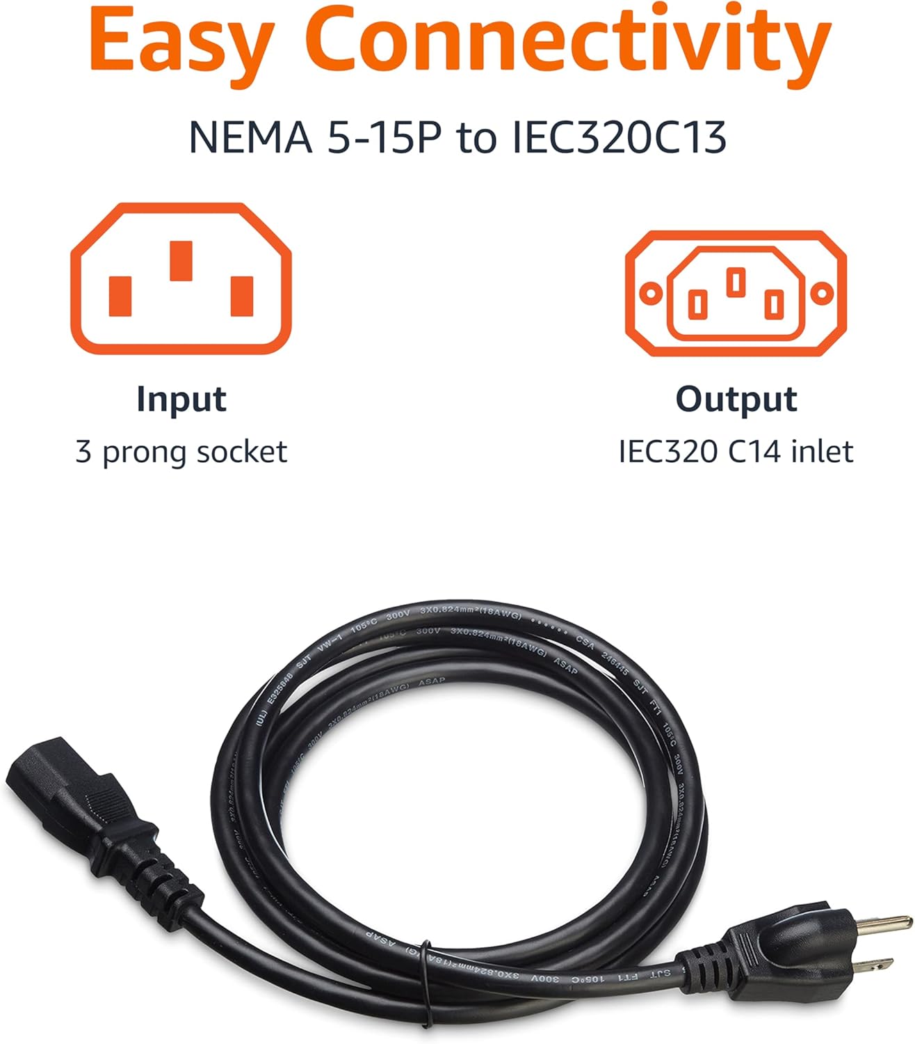 Amazon Basics 6 3 18 125 5-15P IEC320C13, PC Power Cable, feet, AC Power Cord for Monitor, Computer, TV, Prong, AWG