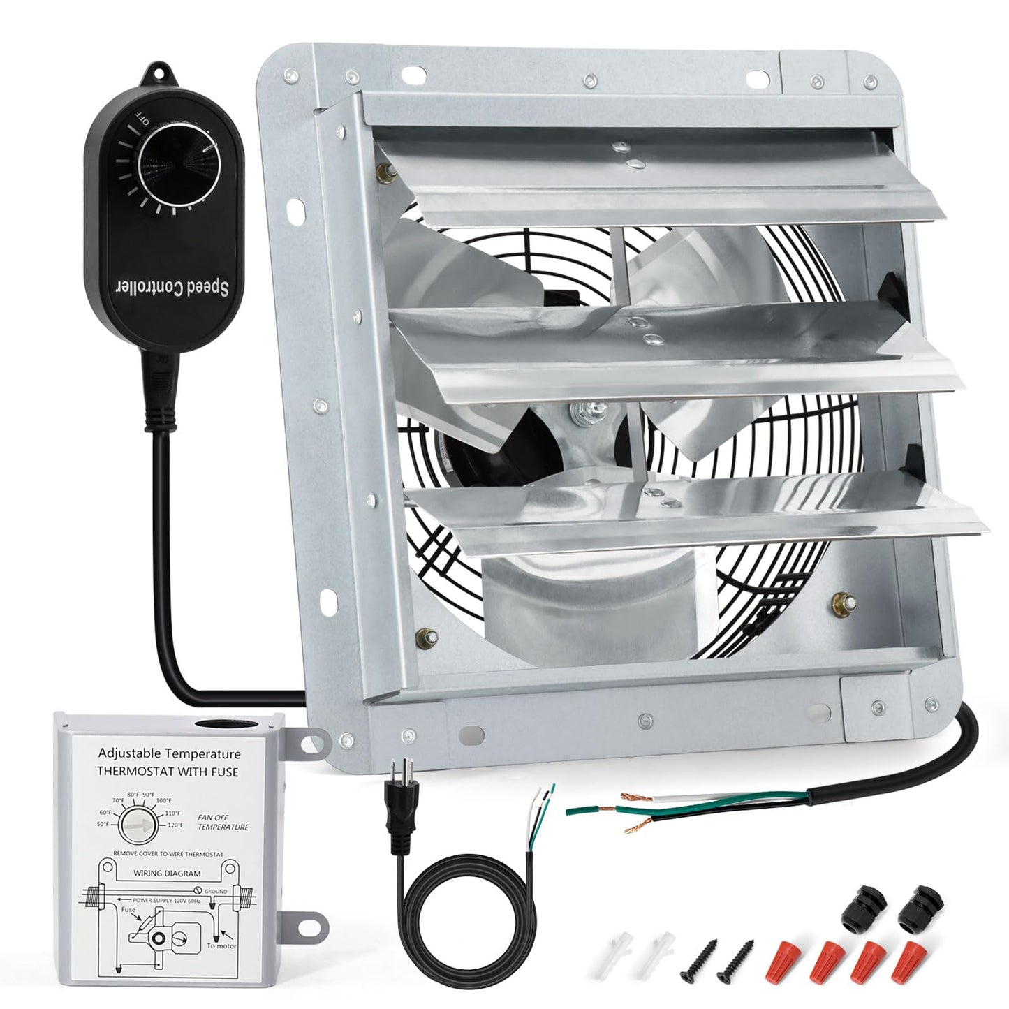 10 Inch Upgraded Shutter Exhaust Fan with Speed Controller & Thermostat, 820 CFM Wall Mounted Exhaust Fan, Ventilation Attic Fans for Greenhouse, Garage, Warehouse, Shed, Basement, Chicken Coop