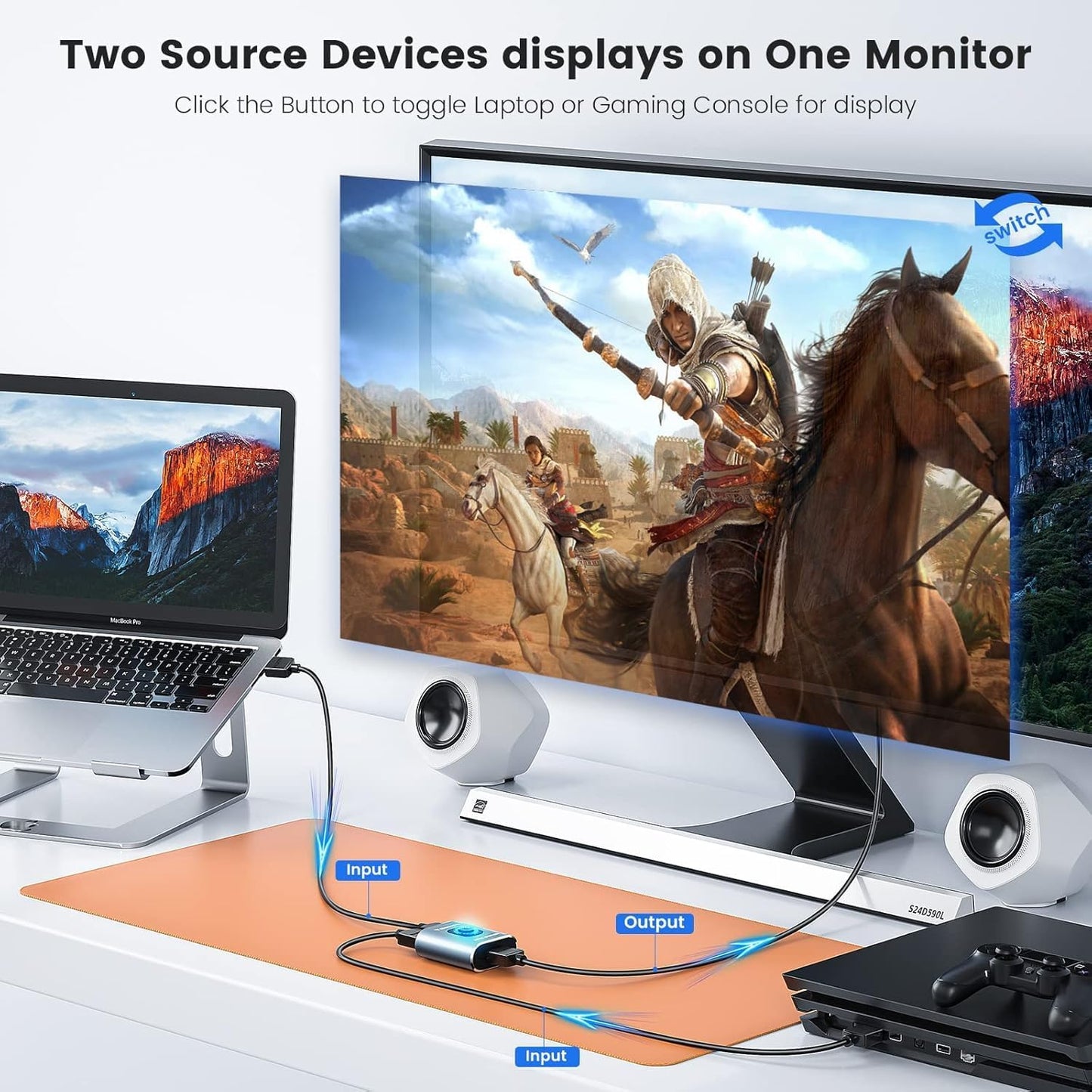 SCSXGO 4k@60hz 2 1 PS5/4/3 HDMI Switch Splitter, Aluminum Bidirectional HDMI Switcher in Out, Manual HDMI Hub Supports
