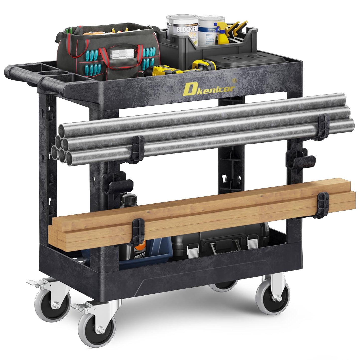 Heavy Duty Plastic Utility Cart 850Lbs, 34" x 17" Rolling Work Cart with Wheels - 2 Tier Service Cart for Warehouse/Garage/Garden - Upgraded 2 Side Tube Hooks, 360° Swivel Lockable Wheels