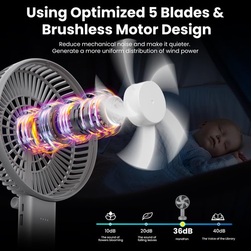 HandFan 6 Inch Handheld Fan with 4000mAh Battery 6 Speed Personal Fan, Strong Airflow, Cooling Desk Removable Base Design, 5-34H Working Time, 180° Foldable for Travel Outdoor Office Household(grey)