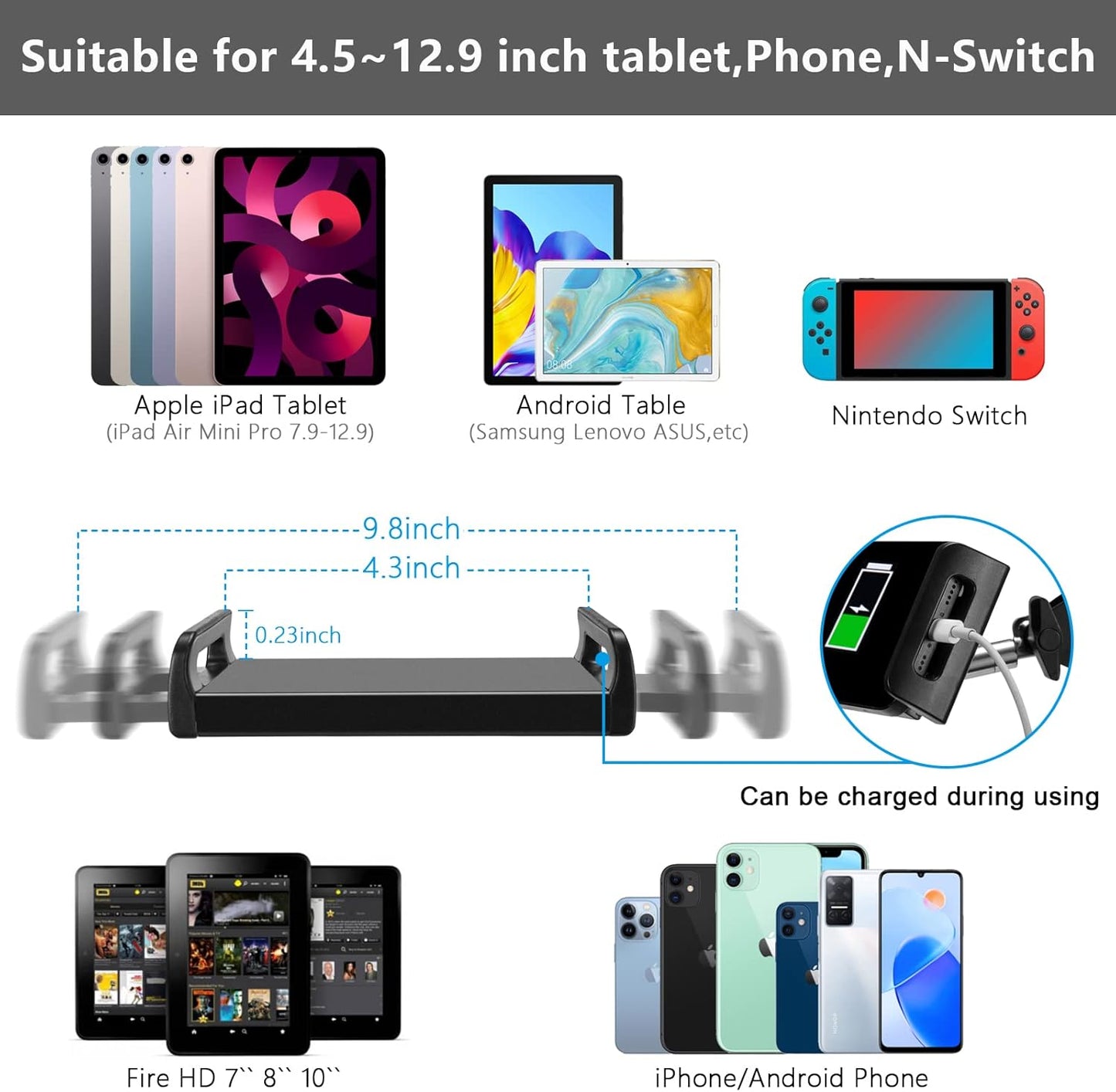 SAMHOUSING 360-degree 4.7~12.9 Inch-Screen Tablet Floor Stand, Adjustable Universal Rotatable Metal Tablet Holder