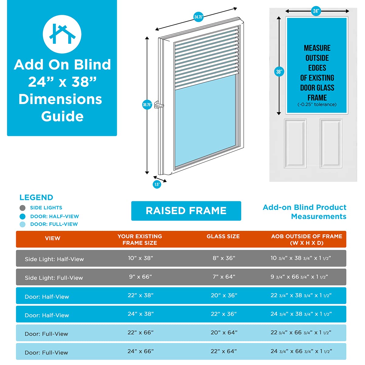 ODL Add On Blinds for Raised Frame Doors - Outer Frame Measurement 24" x 38" - Home Improvement - Easy to Install, Use and Maintain - Innovative Window Shades Behind The Tempered Safety Glass Panels