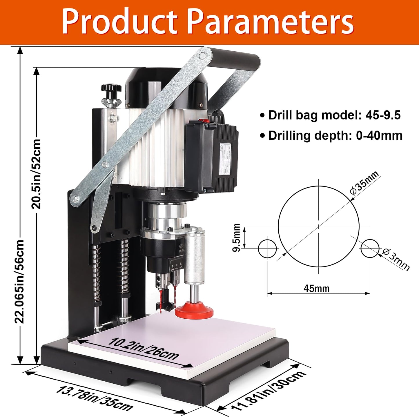 45-9.5mm Woodworking Hinge Drill Hinge Drilling and Boring Machine Convenient Portable Hinge Drill for Woodworking, Used for Cabinet and Closet Drilling 1100W 0-30mm Depth (110V)
