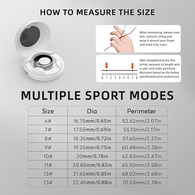 Smart Ring for Women Men, Health Fitness Tracker, 10ATM Waterproof Ring for iOS and Android, No Subscription Fee (Black, 11)