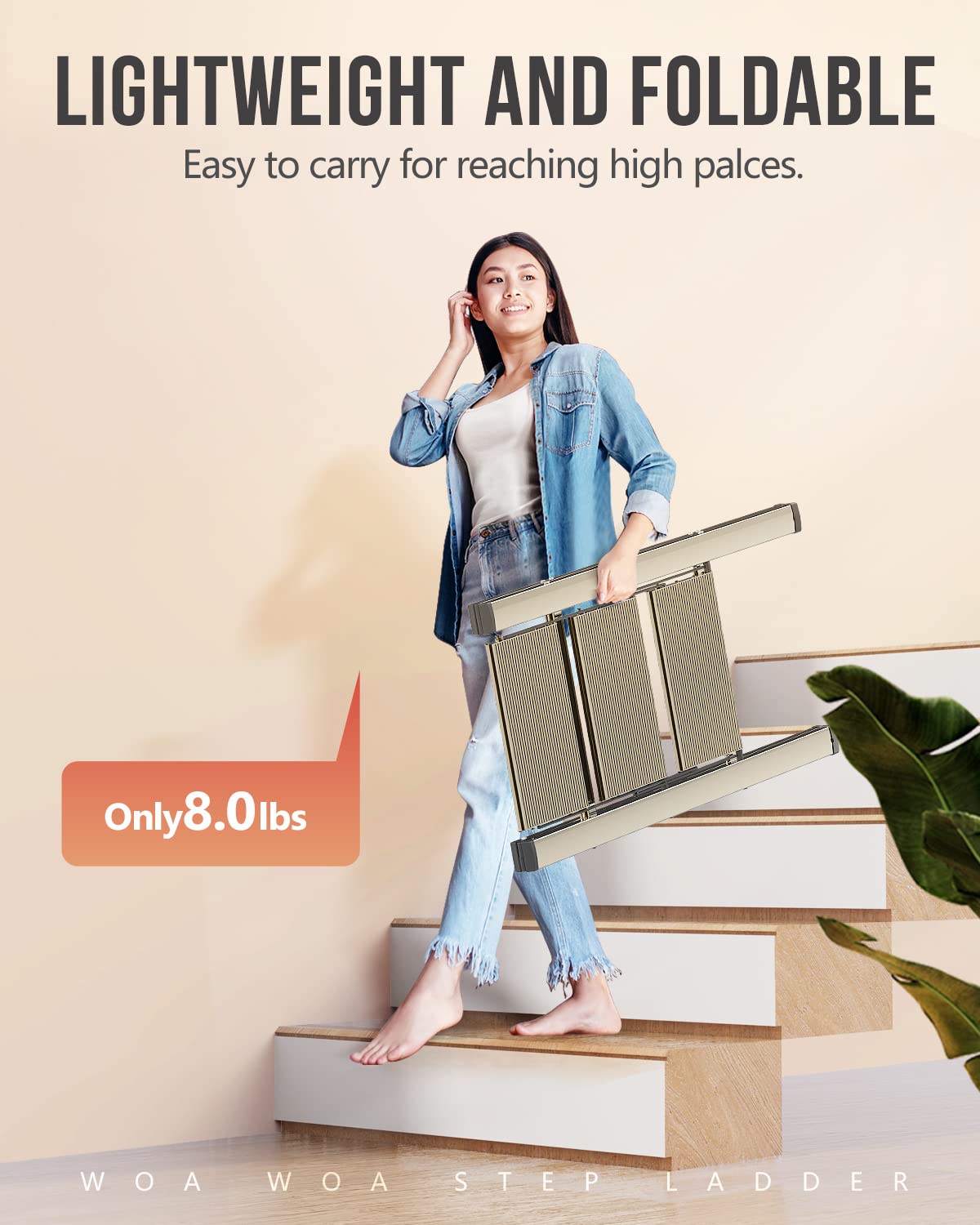 WOA WOA 3 Step Ladder, Foldable Step Stool, Aluminum Lightweight Ladder for Home Kitchen Closet, Anti-Slip Pedals, Ease of Folding, Portable, 300lbs Capacity - Gold