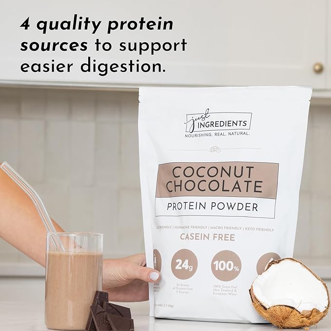 JUST INGREDIENTS Coconut Chocolate Protein Powder ??30-Serving Blend with 100% Grass-Fed Whey & Organic Plant Proteins ??Creamy Coconut Cocoa Flavor ??Supports Muscle Recovery, Energy*