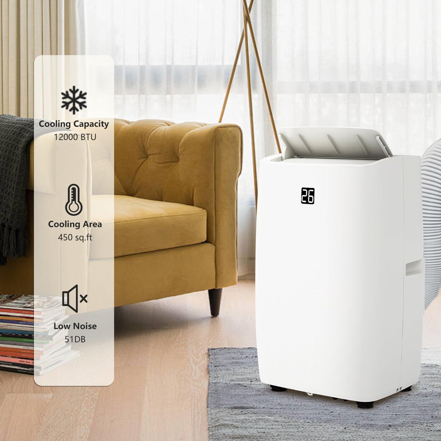 12,000 BTU Portable Air Conditioner, 3-in-1 Remote Control AC with 24-Hour Timer, Cooling/Dehumidifying/Fan/Low Noise/Energy Efficient, Office Cooling up to 750 Sq. Ft. for Bedrooms, Offices, White