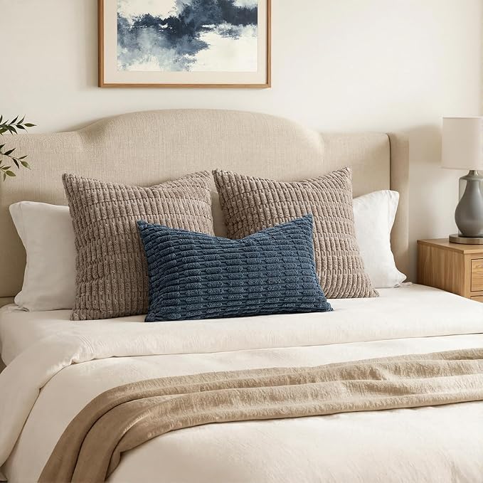MIULEE Pack of 2 Corduroy Decorative Lumbar Throw Pillow Covers 20x12 Inch Soft Boho Striped Pillow Covers Modern Farmhouse Home Decor for Summer Coastal Sofa Living Room Couch Bed Blue