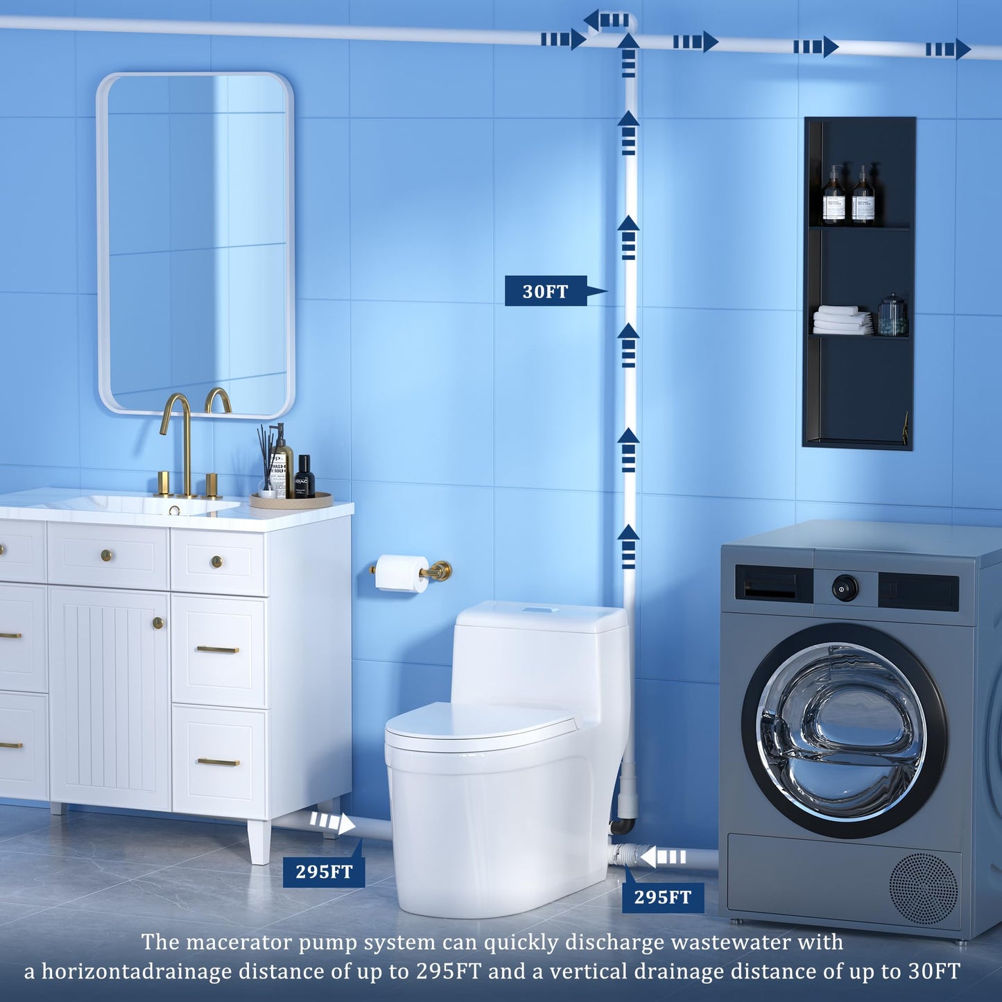 Simple Project Macerating Toilets System with 600w Macerator Pump, Upgrade Upflush Toilet for Basement, Powerful & Quiet Operation Macerating Toilet Bowls with 3 Water Inlet & Ac Vent