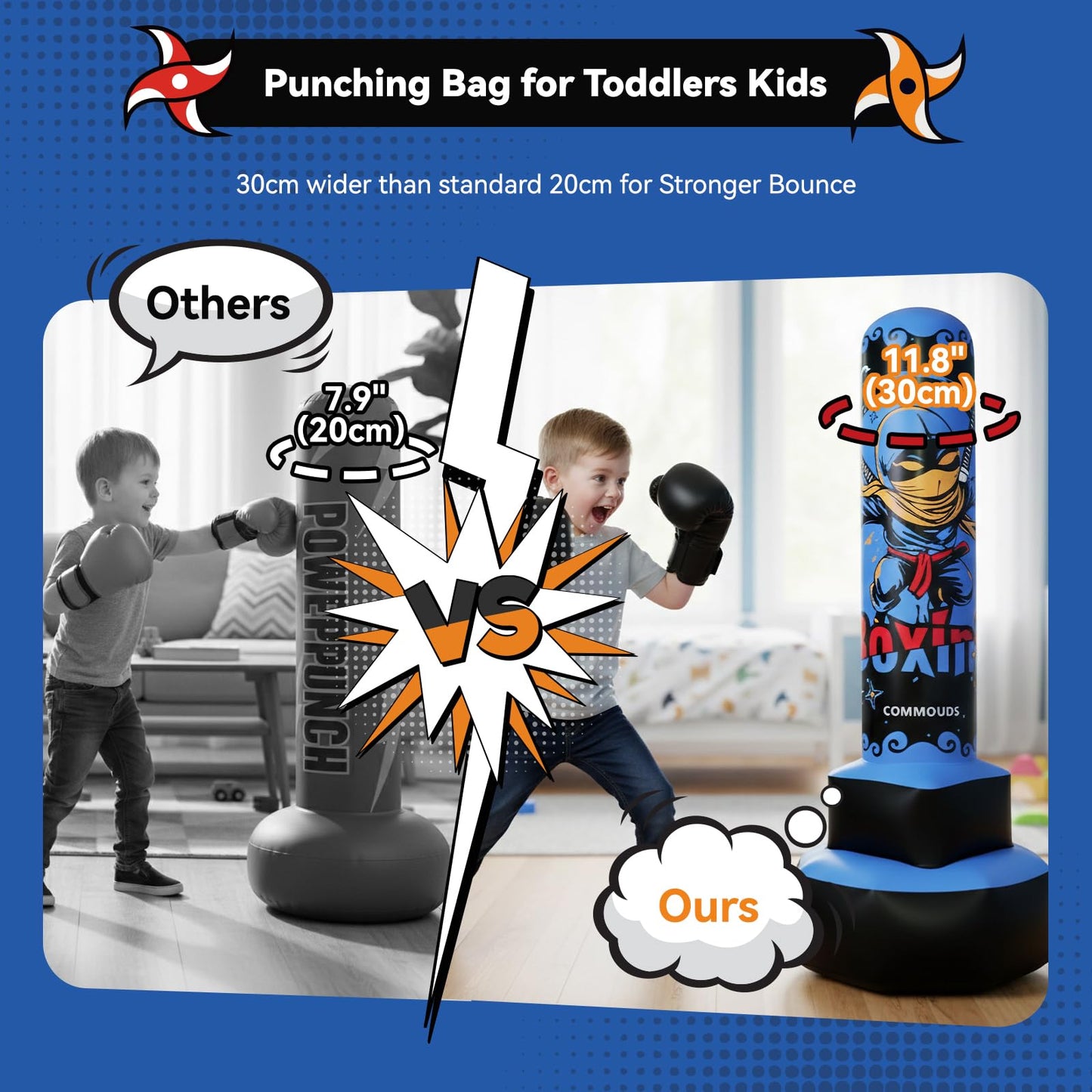 COMMOUDS 67inch Punching Bag for Kids, Inflatable Kids Boxing Set with Gloves, Fast Rebound Punching Bag for Practicing Karate, Taekwondo, MMA, Christmas/Birthday Gift for Boys Girls, Ages 6-14 (Blue)