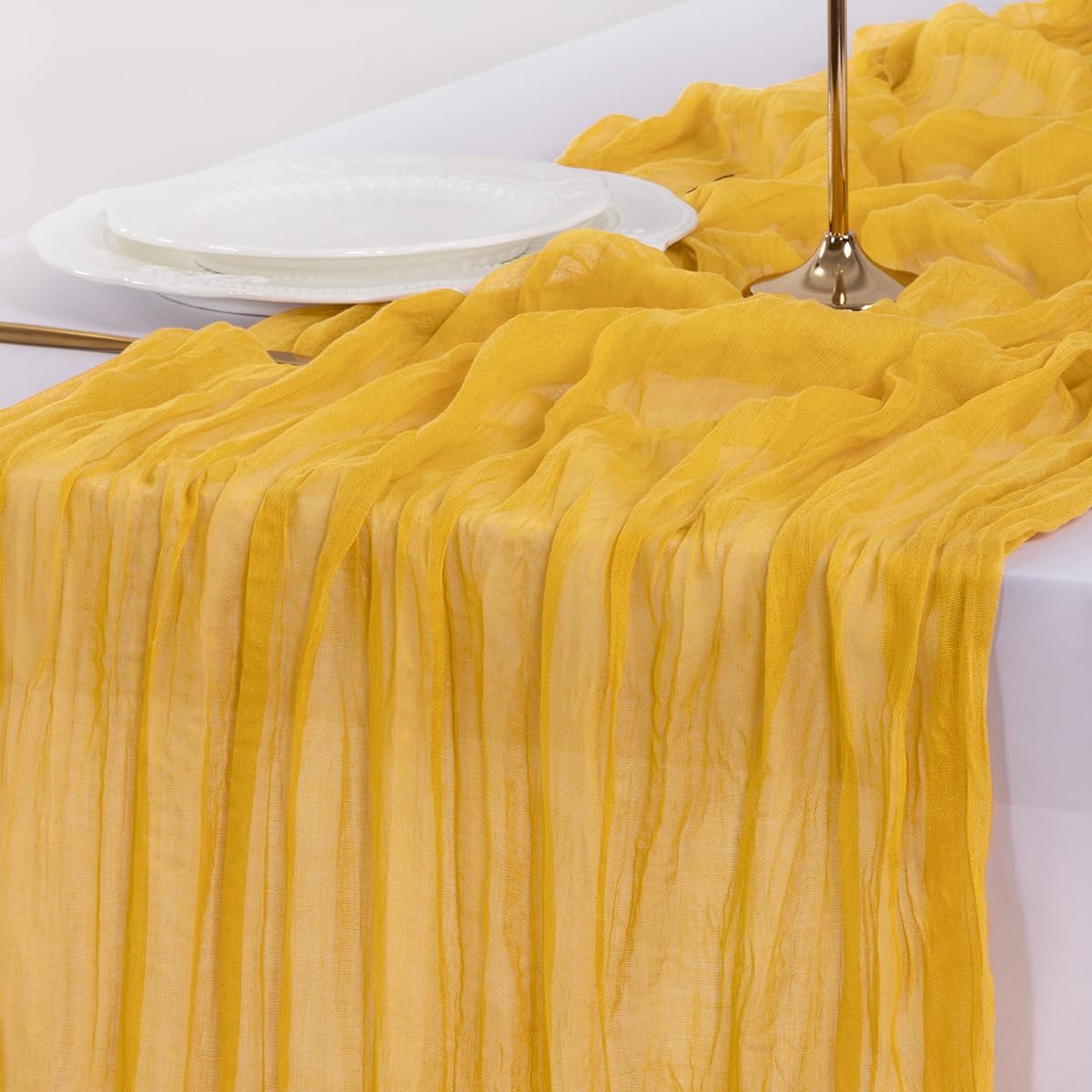 Socomi Gold Yellow Cheesecloth Table Runner - 120 Inch Rustic Boho Decor for Weddings & Events