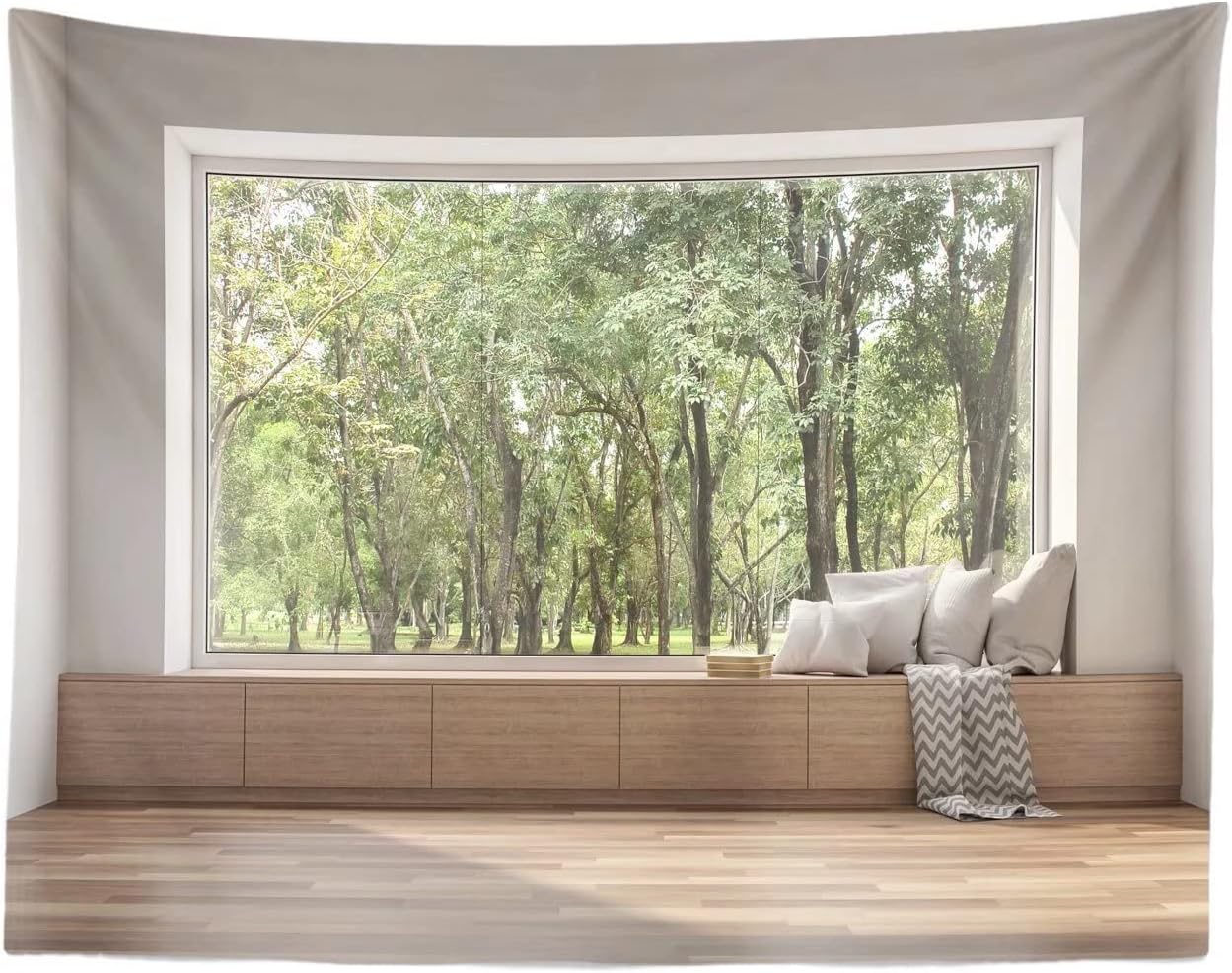 BELECO 9x6ft Fabric Modern Living Room Backdrop House Interior Window Scenery Green Forest Trees Nature Background