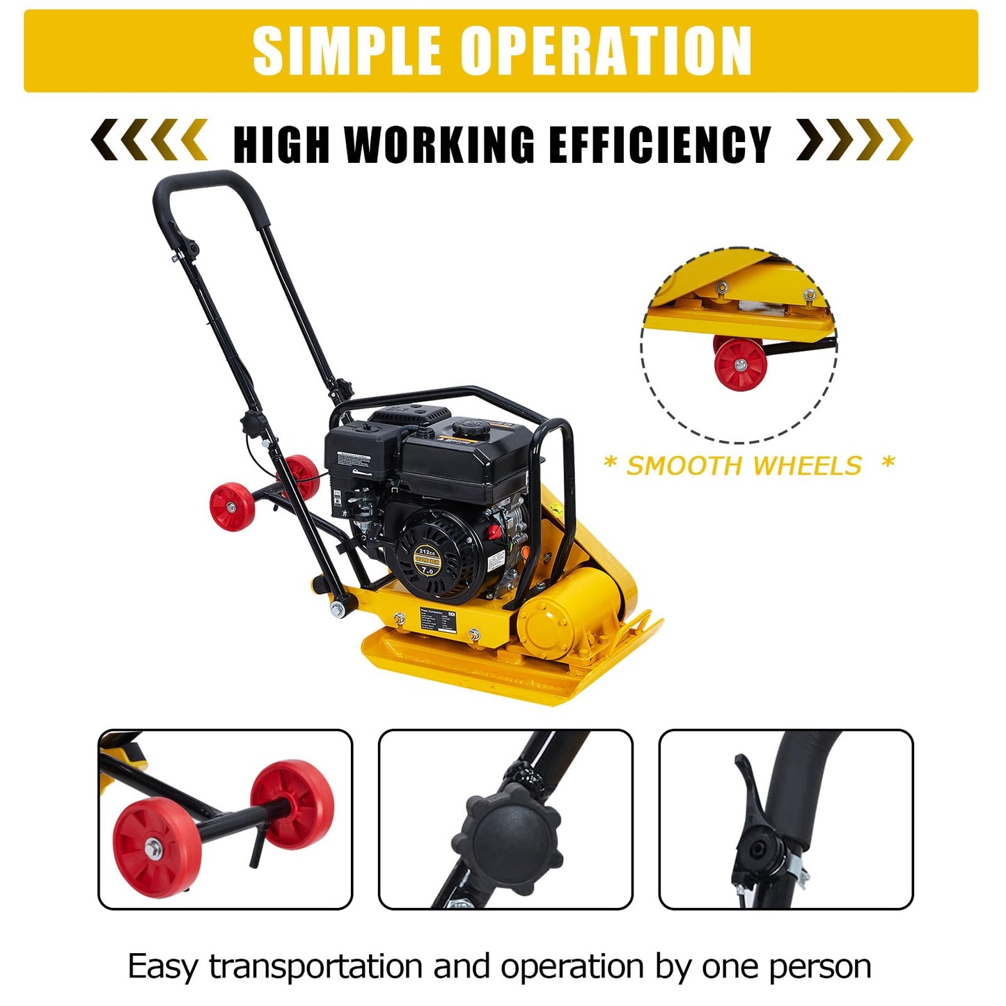 7HP Plate Compactor Rammer,212cc Gas Engine 5600 VPM Soil Compactor, 4200 lbs Compaction Force, 22.1 x 15.9 inch Plate Ground Compactors, Concrete Tools for Paving Landscaping Sidewalk Patio(Yellow)