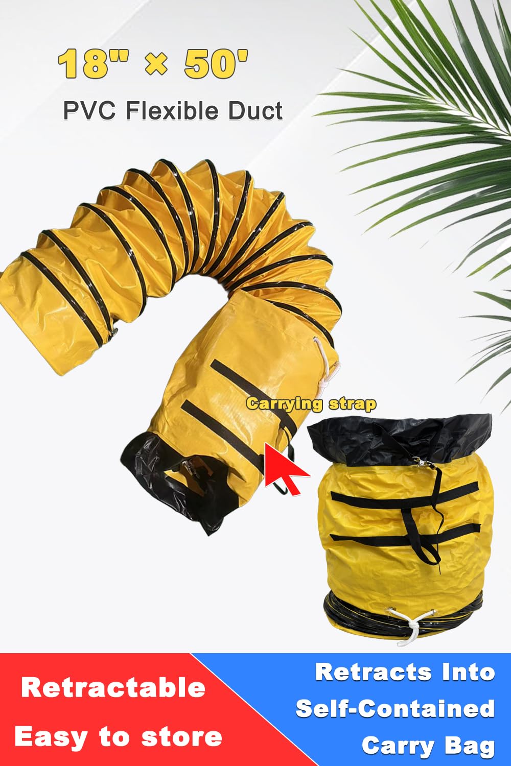 50FT PVC Flexible Duct Hose 18 Inch Duct Hosing with Adjustable Rope for Utility Blower Exhaust Fan Ducting Hose Folding Exhaust Duct Retracts into self-contained Carry Bag【15m*45cm】
