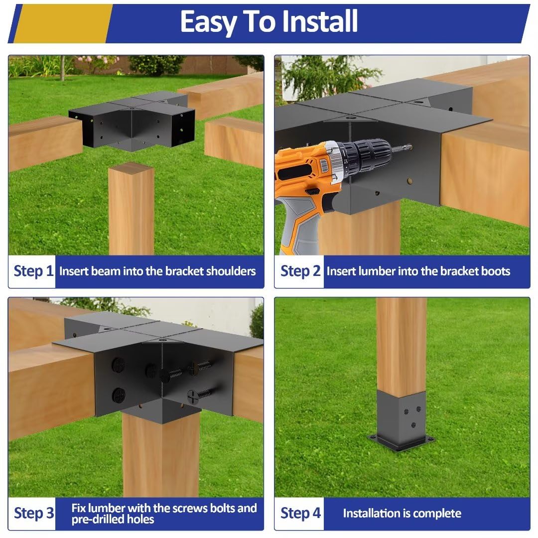 JEXALINE Pergola Kit for 4"x4" Lumber, Heavy Duty Pergola Brackets with 3-Way & 4-Way Corner Brackets, DIY Gazebo Kit for Outdoor Patio Backyard Garden, Fits Actual 3.6" x 3.6" Wood
