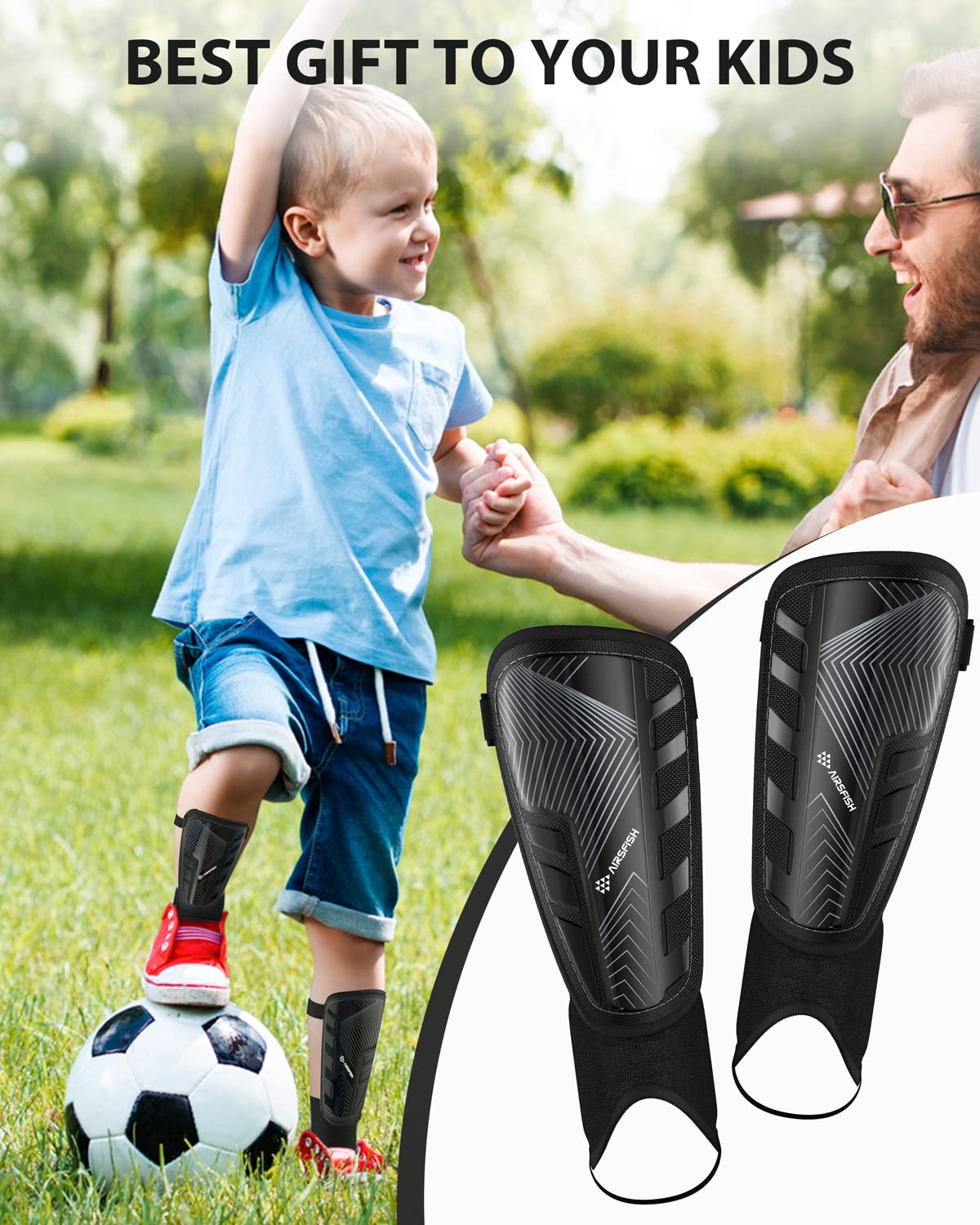Upgraded Soccer Shin Guards Pads for Kids Youth Adults, CE Certified AirsFish Shin Guard Sleeves Protection Gear for Boys Girls Soccer Games EVA Cushion Reduce Shocks and Injuries (Medium, Black)