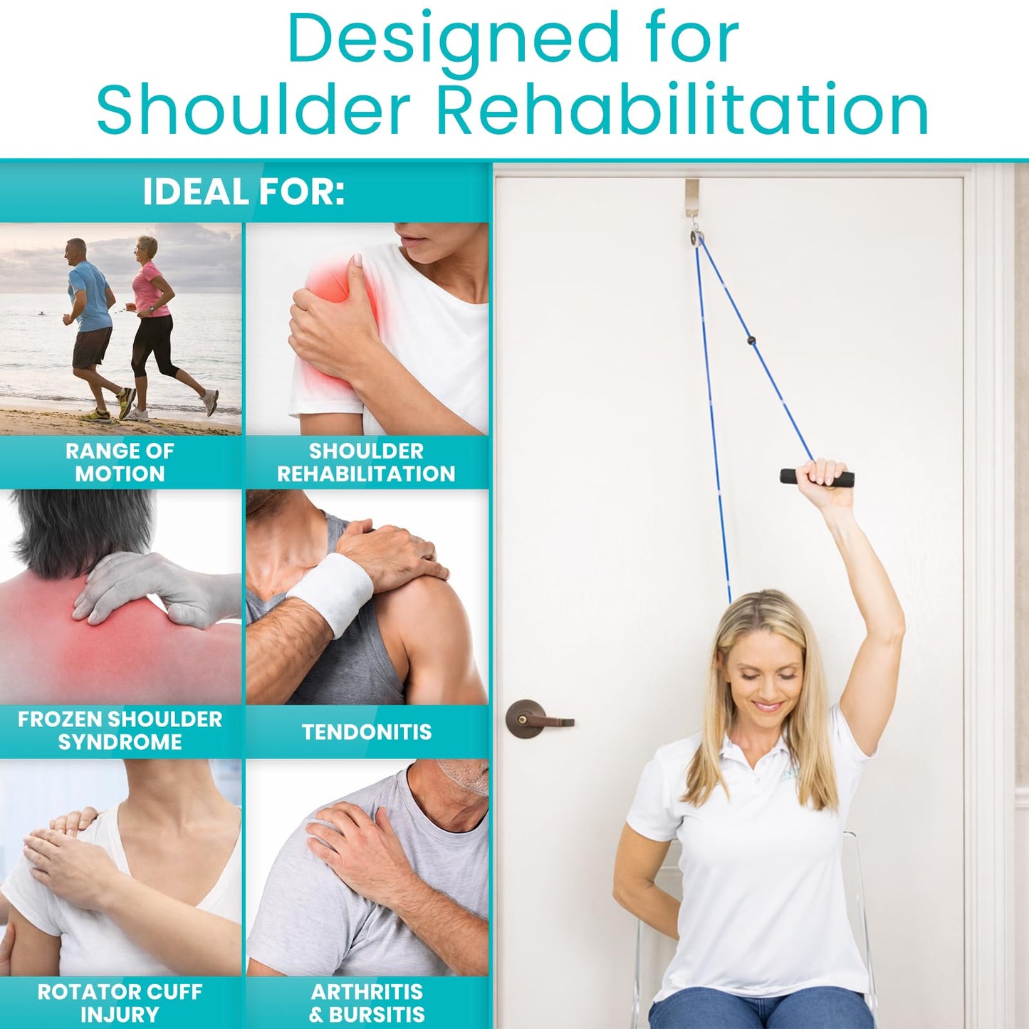 Vive Shoulder Pulley for Physical Therapy - Rotator Cuff Pain Pulley System - Over Door Rehab Exerciser - with Durable Metal Pulley & Comfortable Padded Handles