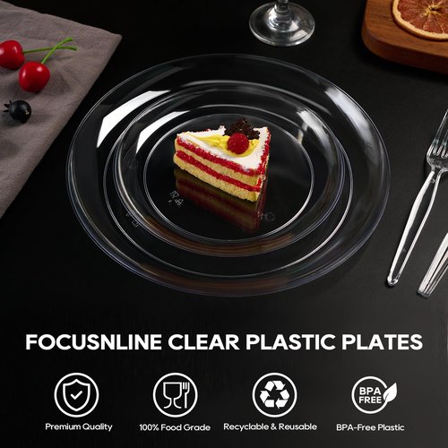 FOCUSLINE 100 Count Clear Plastic Plates 7 Inch, Disposable Salad Dessert Plates - Premium Clear Hard Plastic for Weddings, Parties and Events