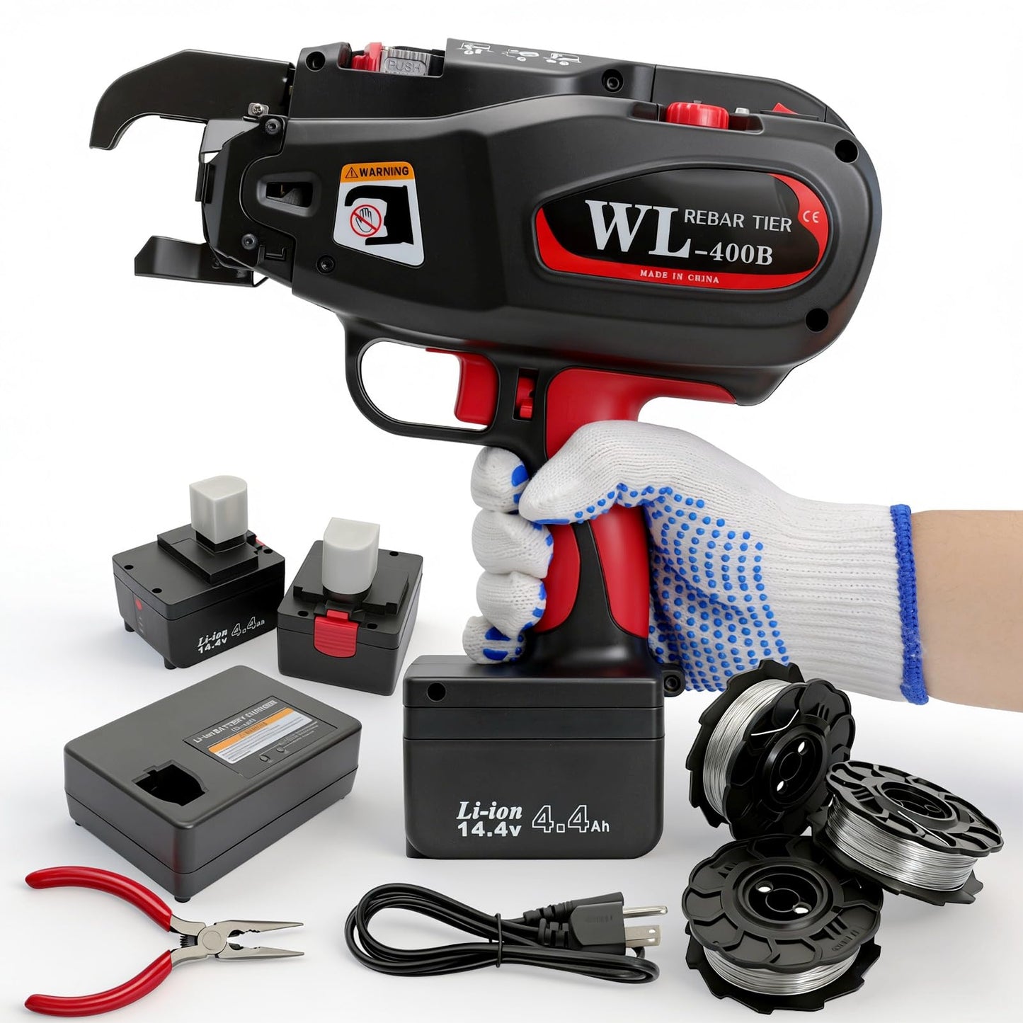 SDLOOL Rebar Tying Machine Automatic Rebar Tie Gun with 21ga Tie Wire, 2 x 14.4V 4400mAh Battery Handheld Portable Rebar Tying Tools for Φ 0.3" to 1.58" Rebars