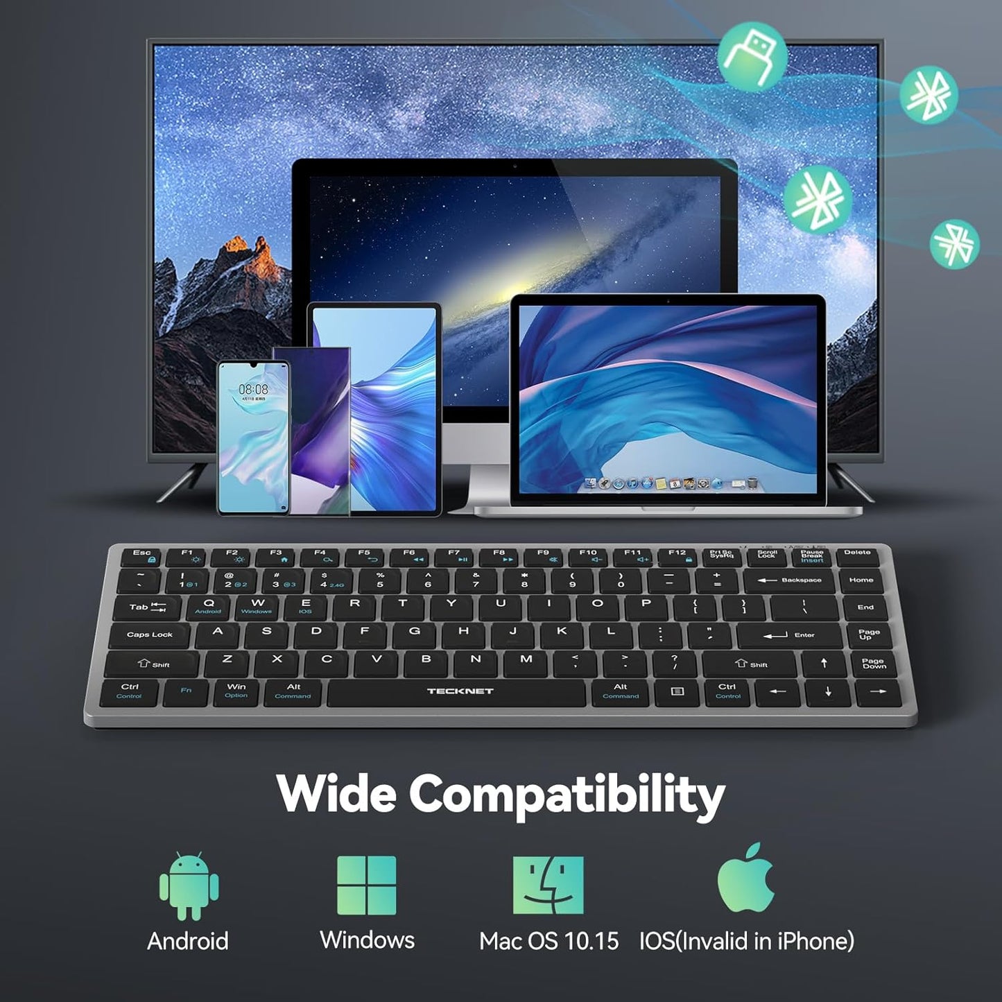 TECKNET 4-Device (2.4G+3BT) 14 Bluetooth Keyboard Rechargeable, Wireless Keyboard, Ultra-Slim Quiet Typing, Hotkeys