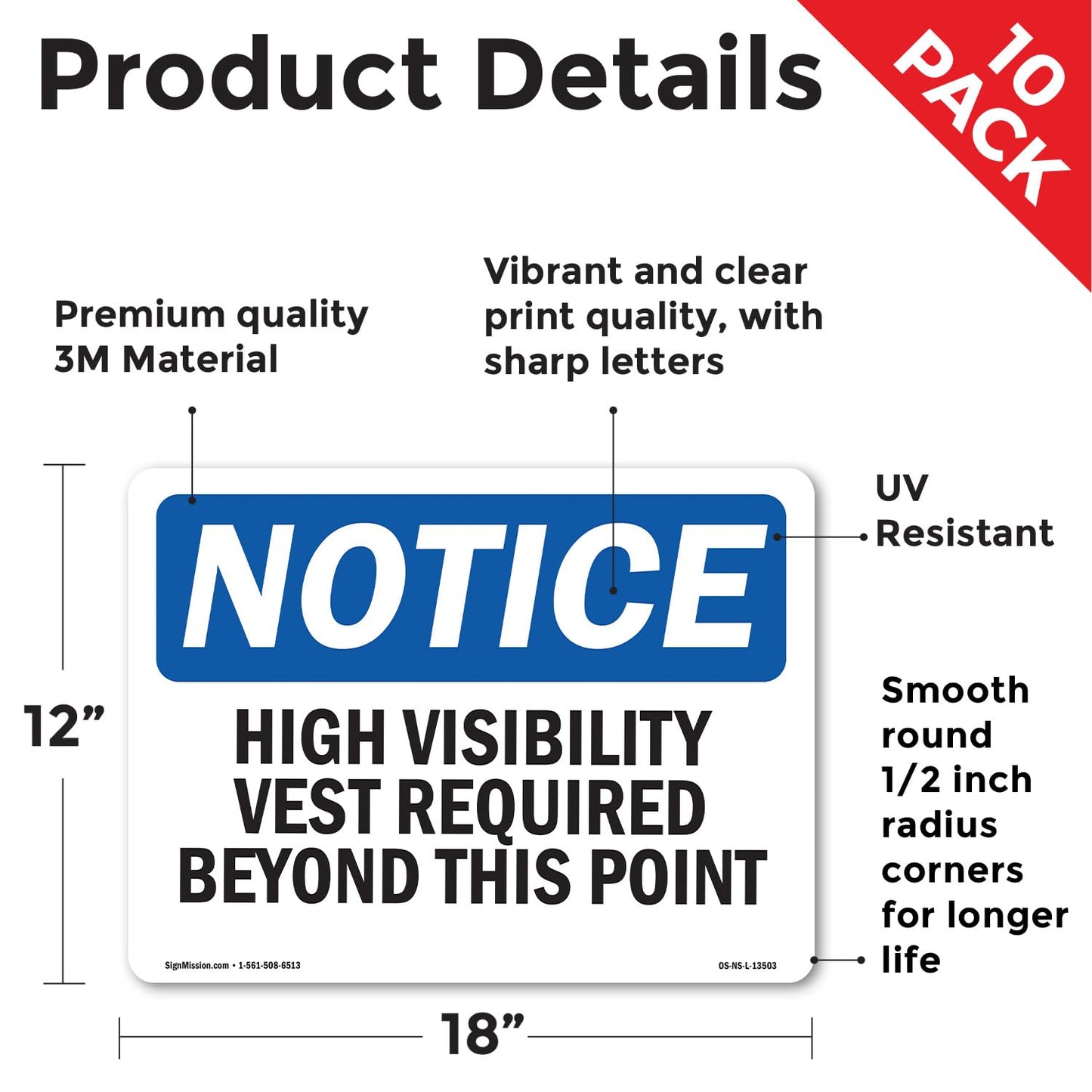 High Visibility Vests Required Beyond This Point OSHA Notice Vinyl Decal Label 18 Inch x 12 Inch - 10 Pack