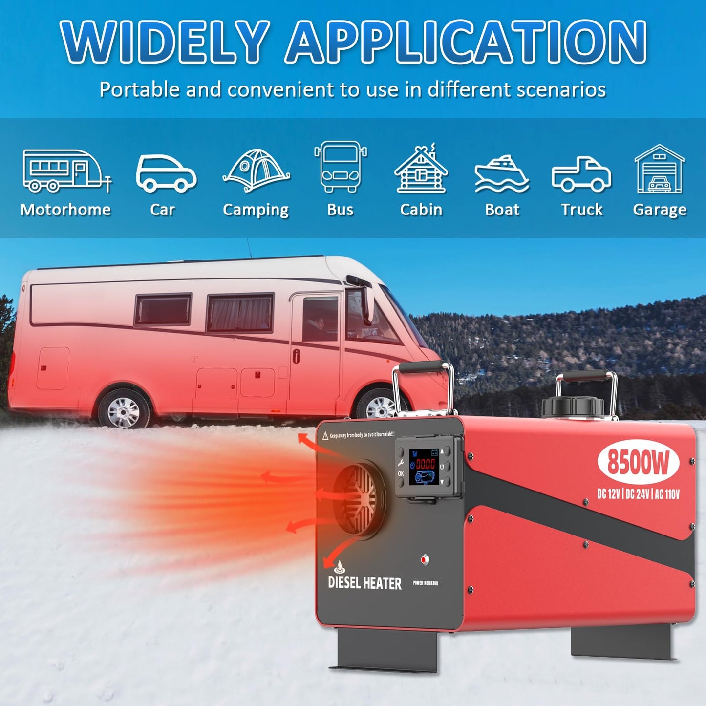 8500W Diesel Heater, 110V/24V/12V Ultra Parking Heater with Remote Control and LCD Display, 2025 Upgraded All-in-One Instant Heat Low Noise for RV Truck Boat Bus Home Shop (110V/24V/12V Heater)